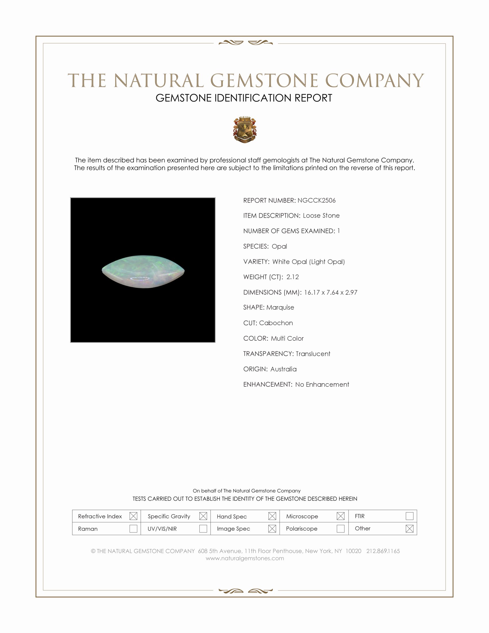 2.12 Ct. Multi Color Cabochon White Opal (Light Opal) from Australia