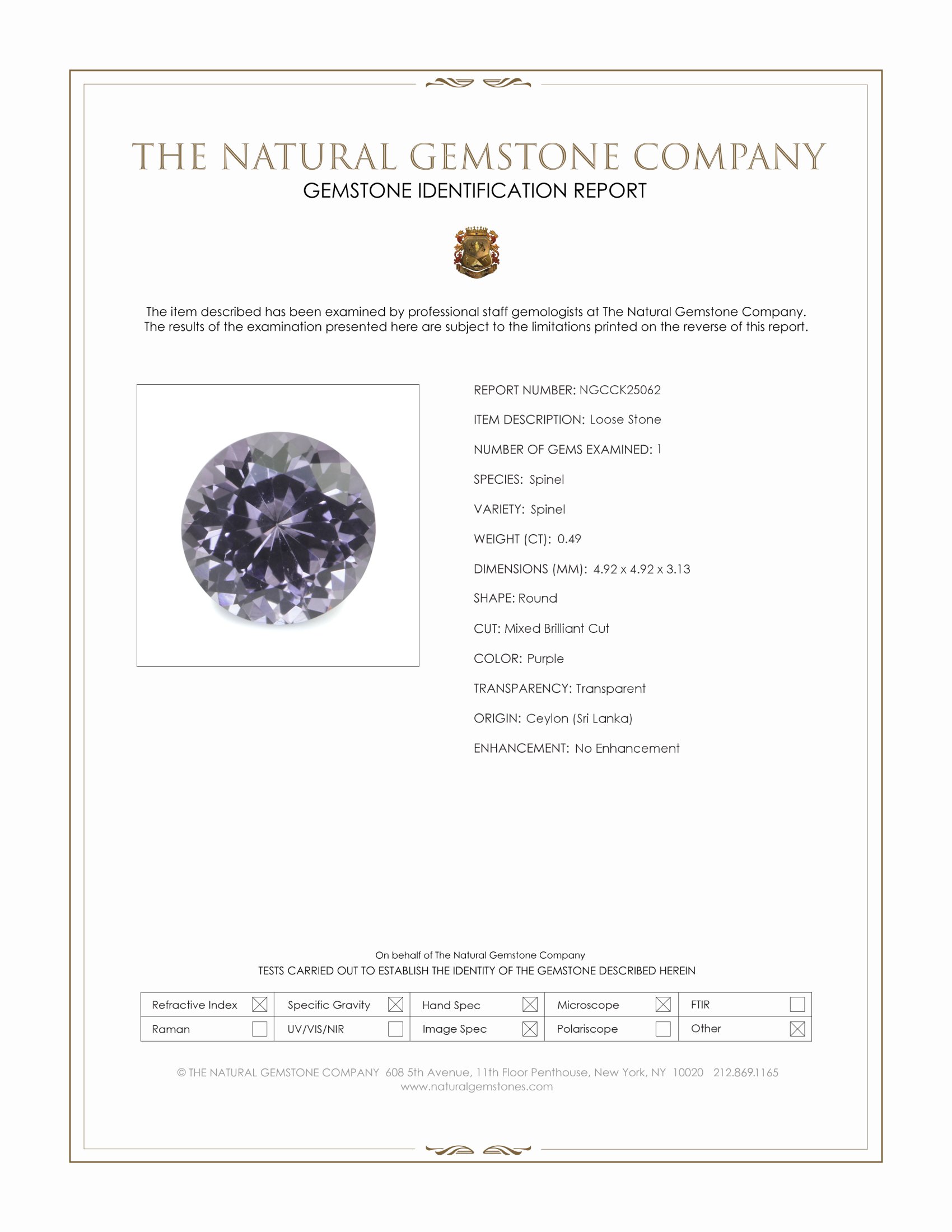0.49 Ct. Purple Spinel from Ceylon (Sri Lanka)