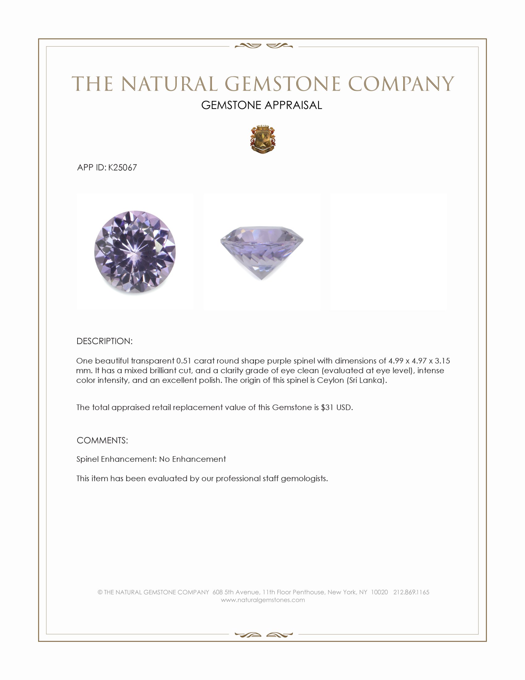 0.51 Ct. Purple Spinel from Ceylon (Sri Lanka)