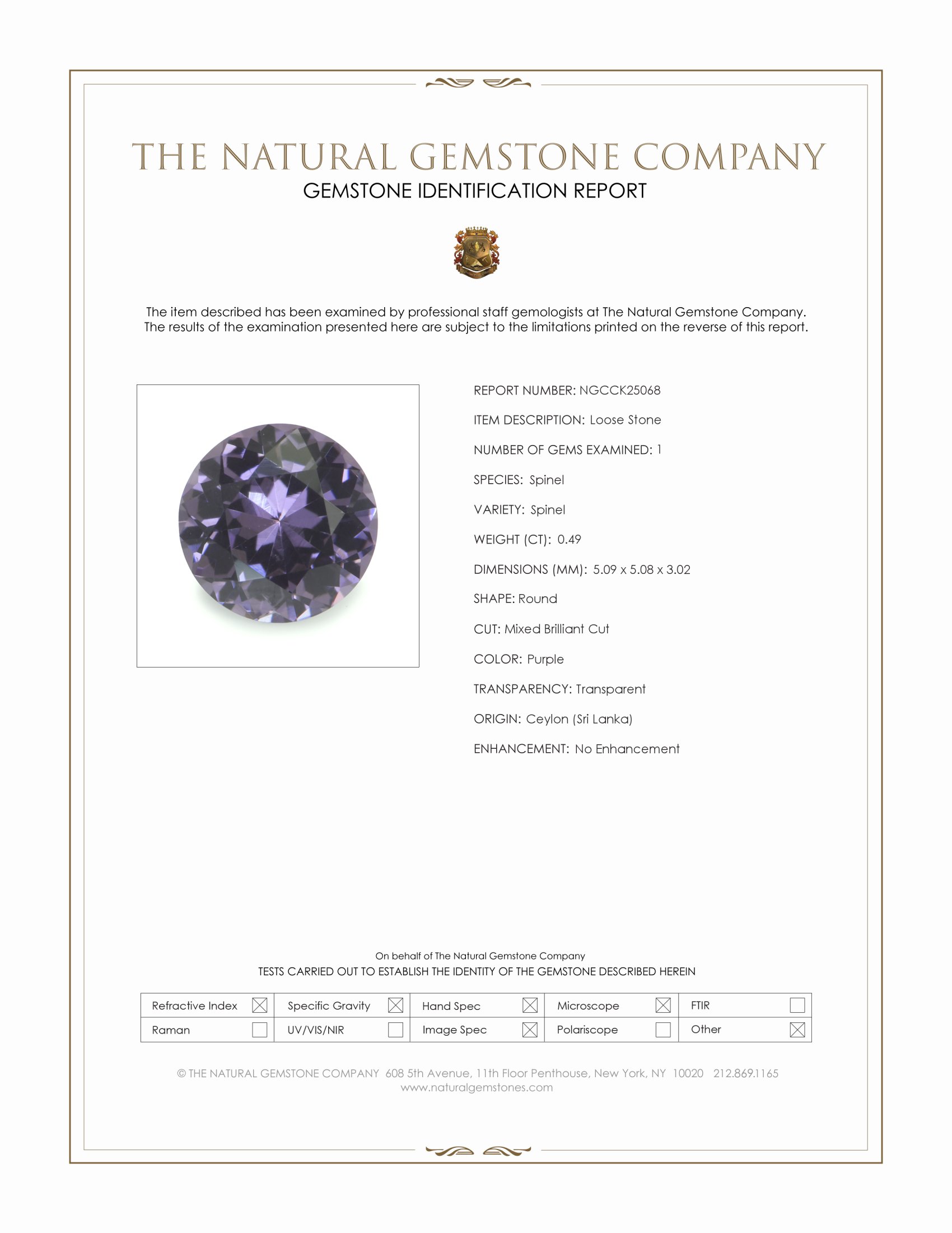 0.49 Ct. Purple Spinel from Ceylon (Sri Lanka)
