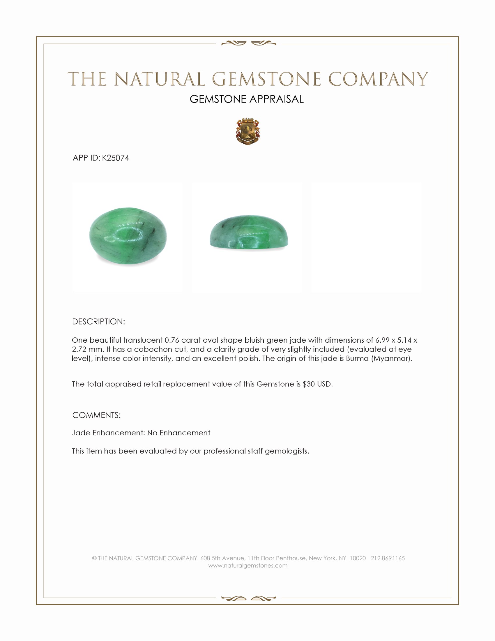 0.76 Ct. Bluish Green Cabochon Jade from Burma (Myanmar)