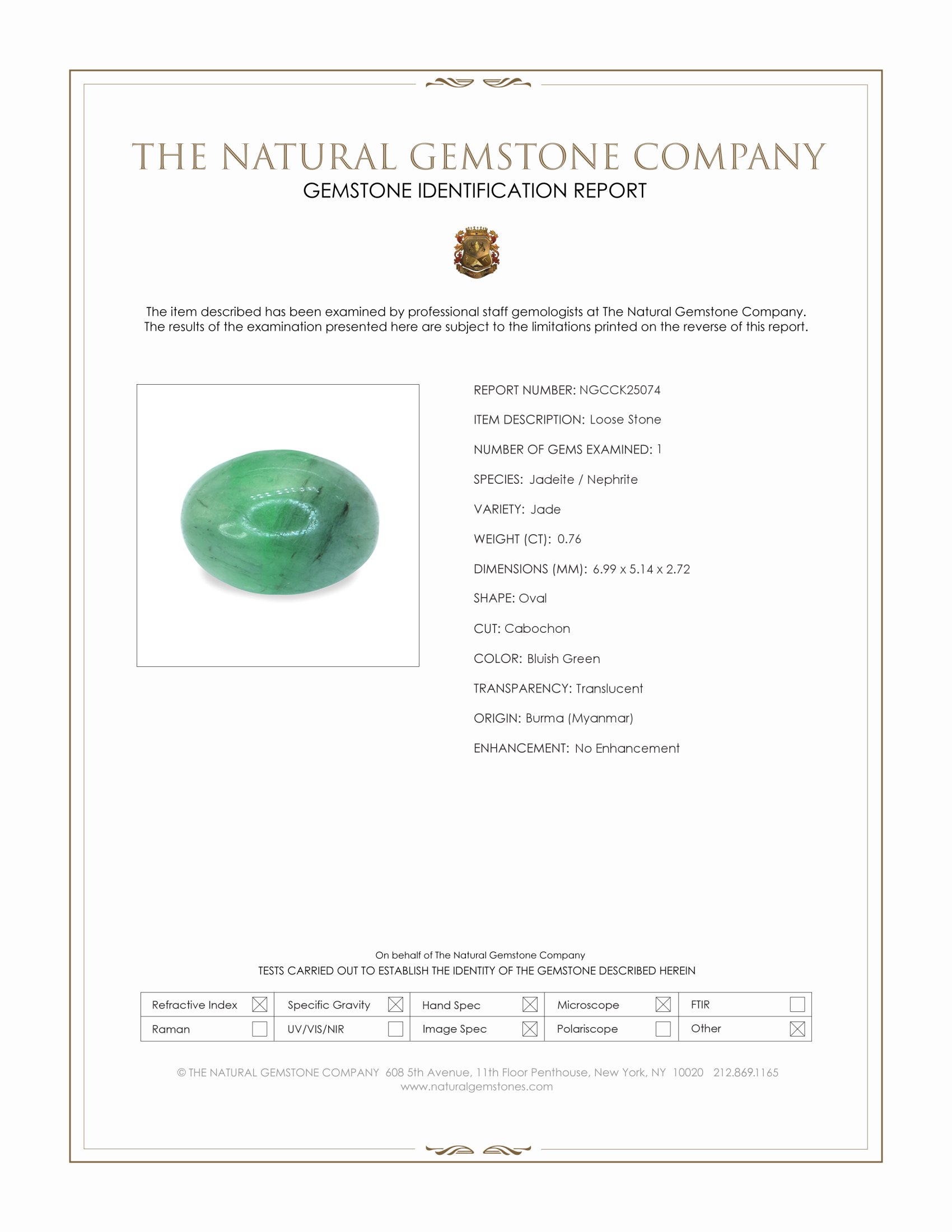 0.76 Ct. Bluish Green Cabochon Jade from Burma (Myanmar)