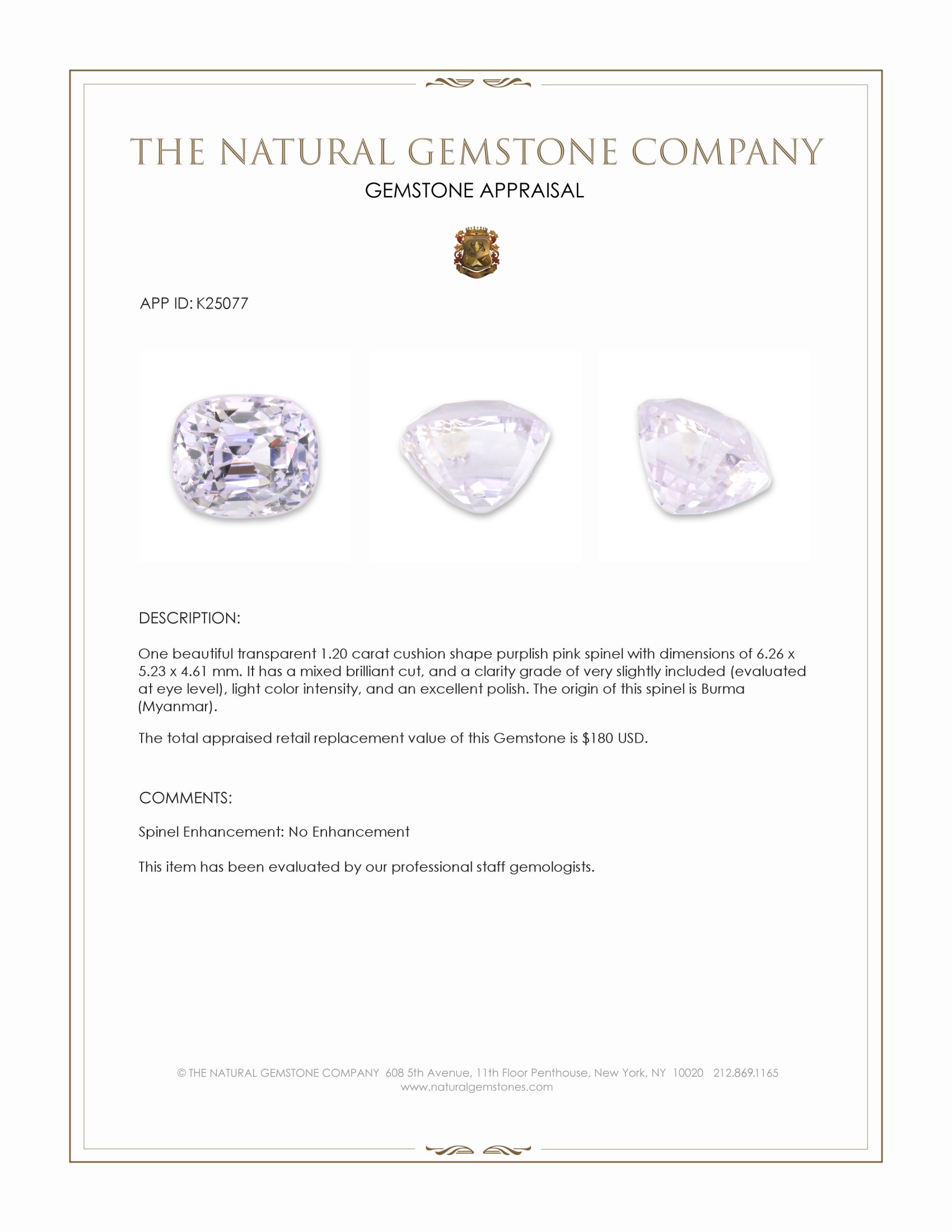 1.20 Ct. Purplish Pink Spinel from Burma (Myanmar)