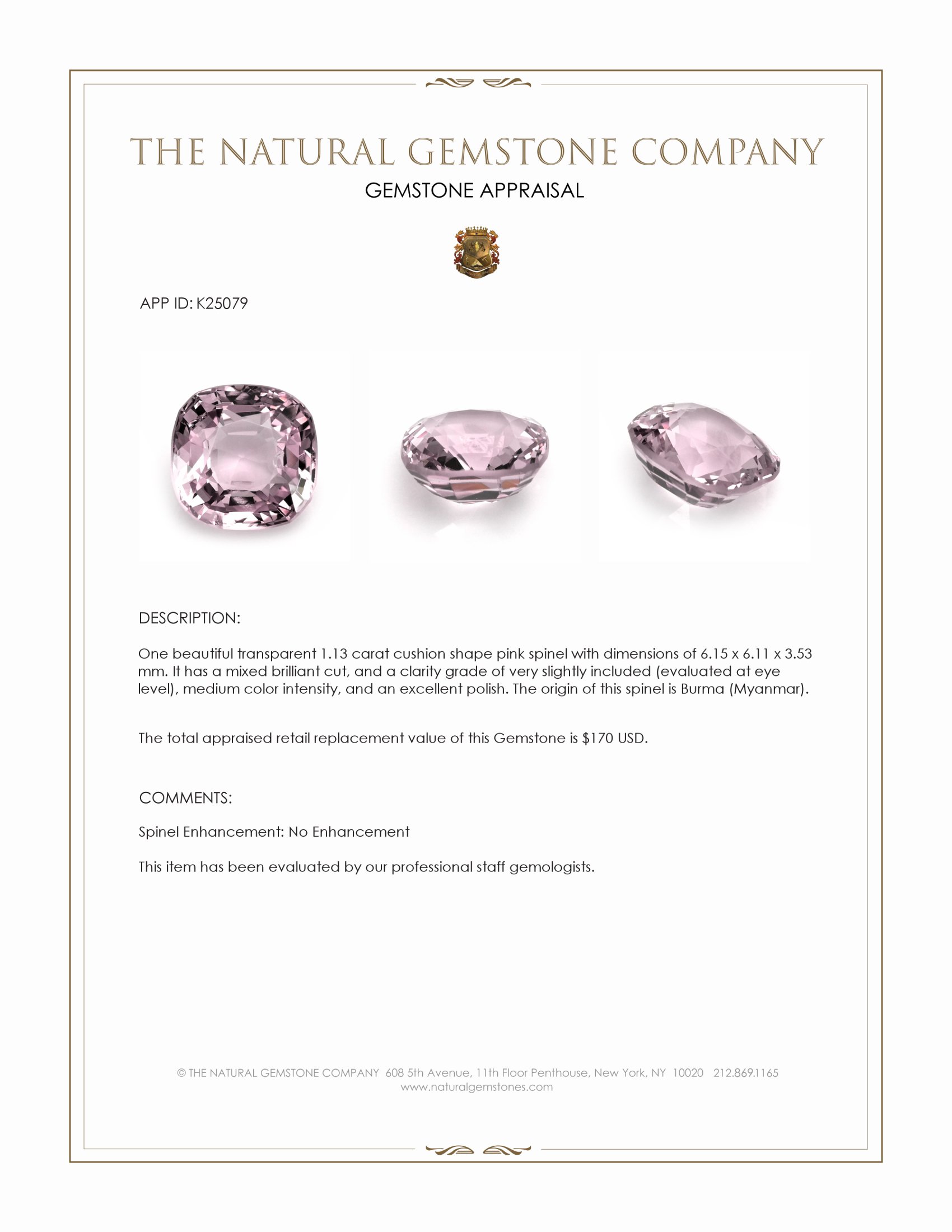 1.13 Ct. Pink Spinel from Burma (Myanmar)