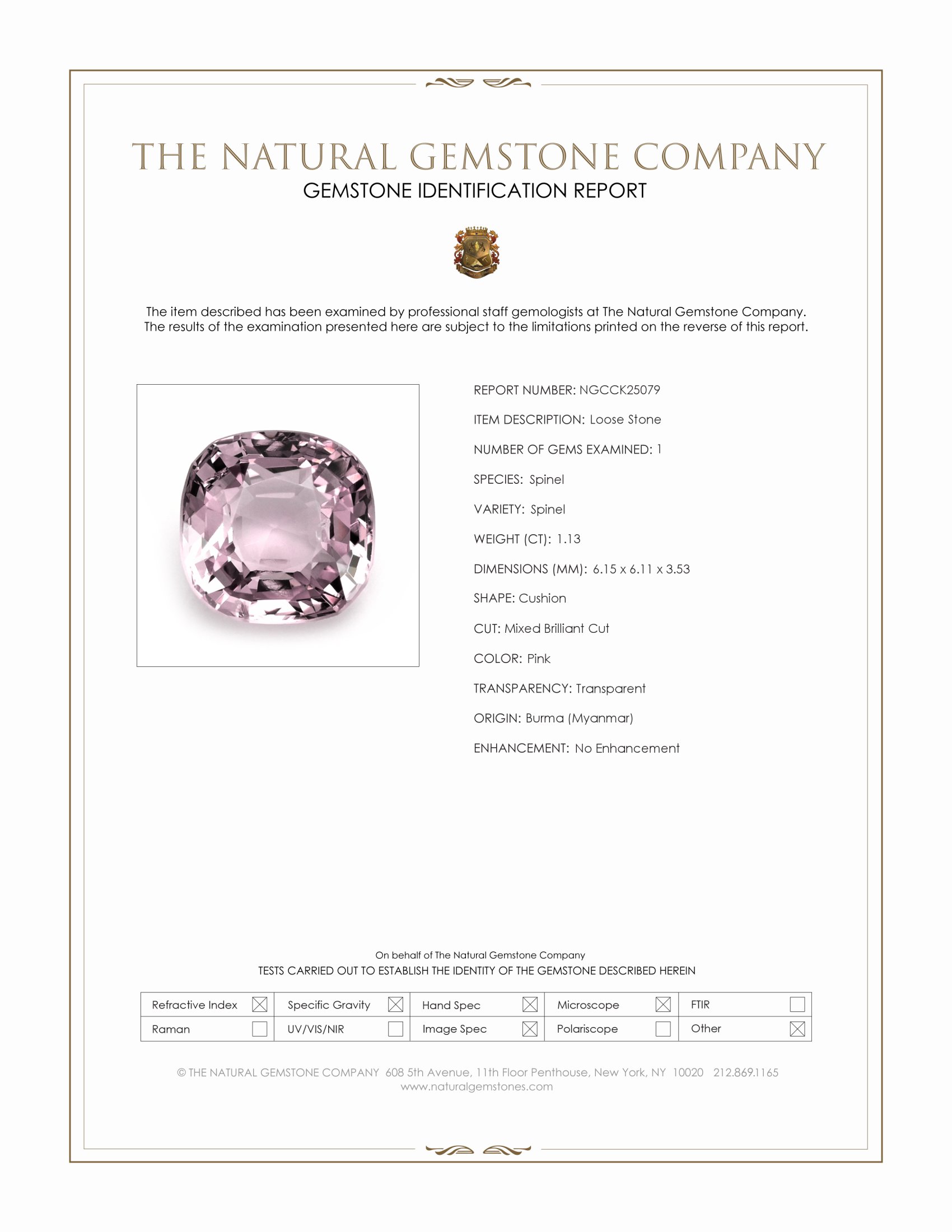 1.13 Ct. Pink Spinel from Burma (Myanmar)