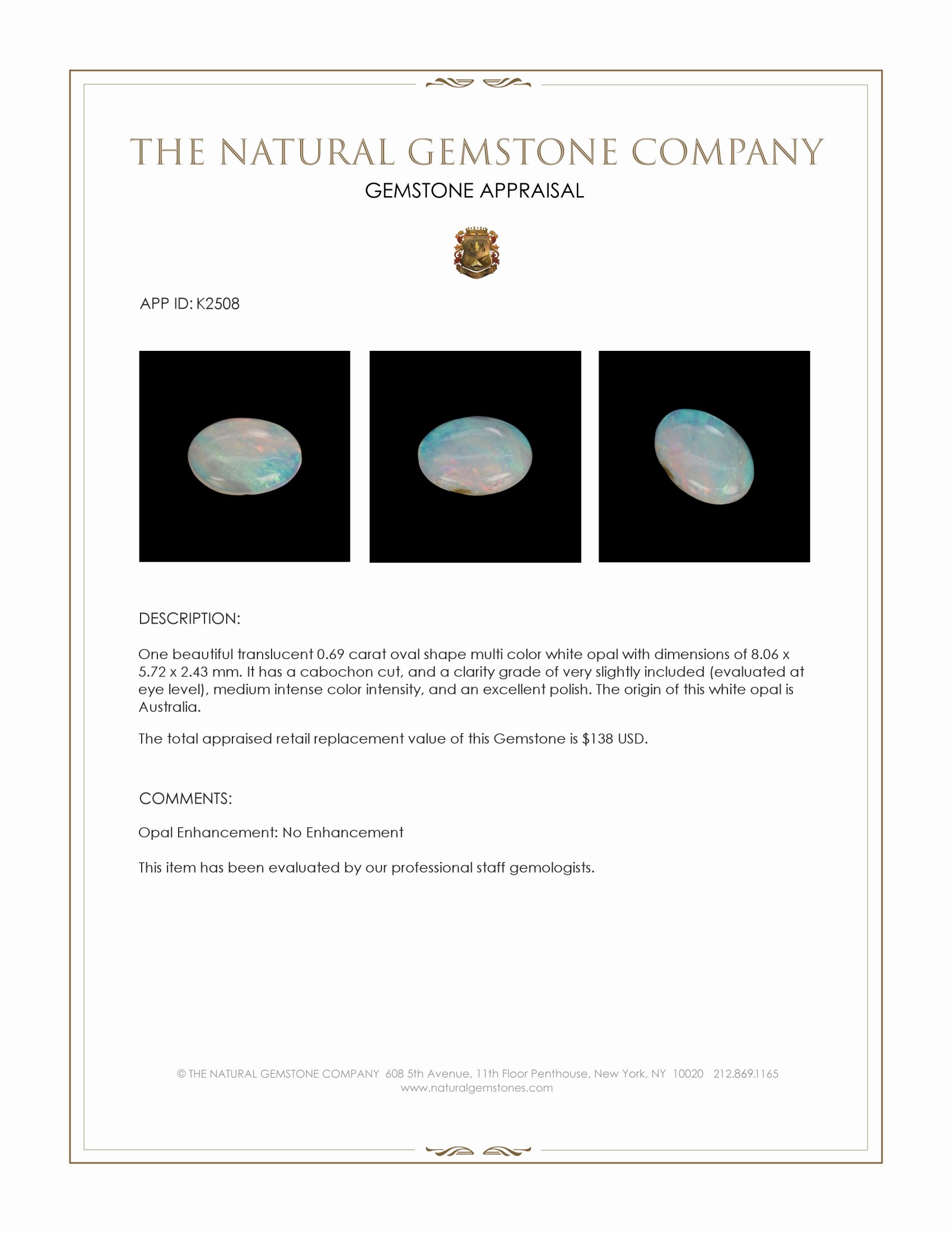 0.69 Ct. Cabochon White Opal from Australia