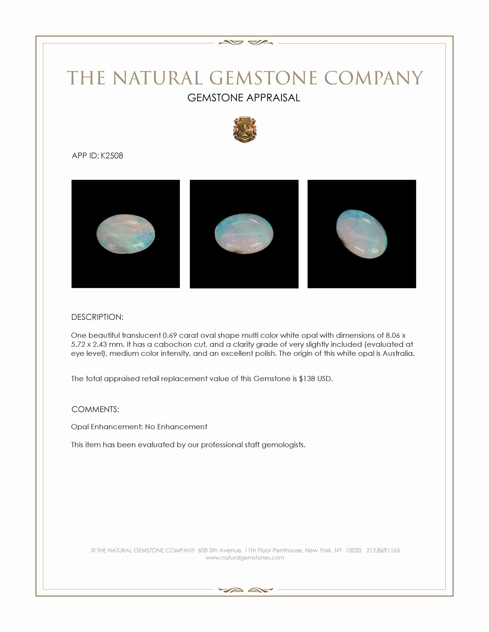 0.69 Ct. Cabochon White Opal from Australia