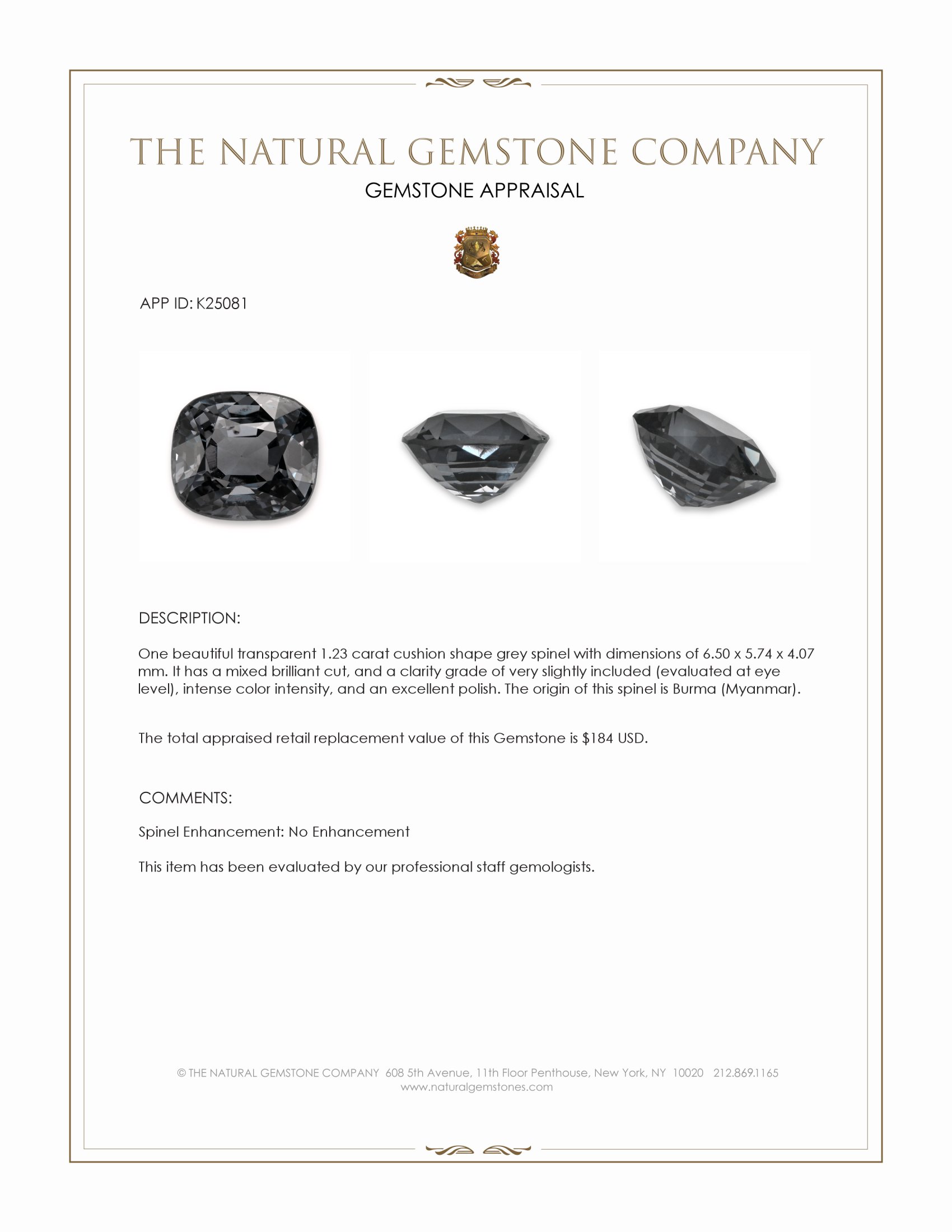 1.23 Ct. Grey Spinel from Burma (Myanmar)