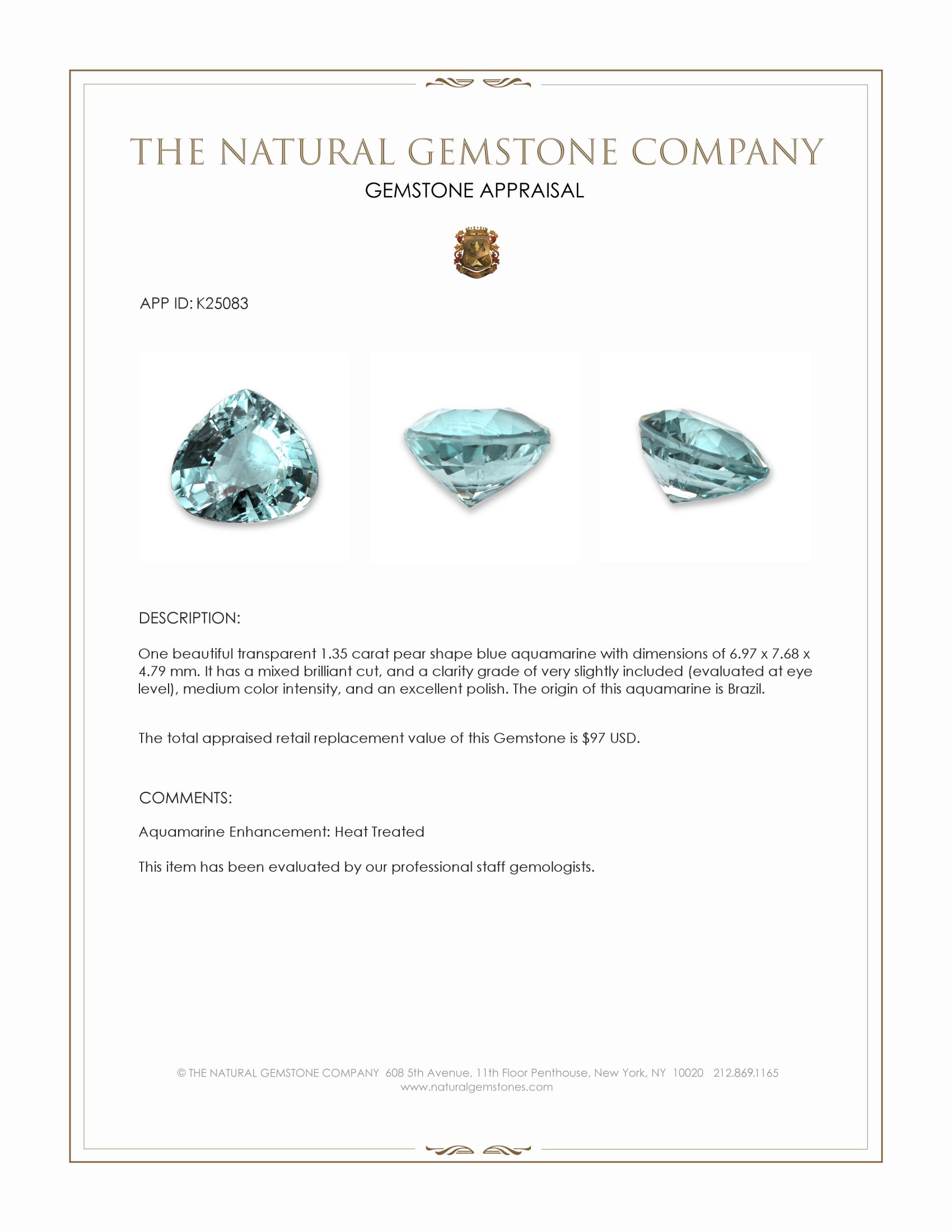1.35 Ct. Blue Aquamarine from Brazil
