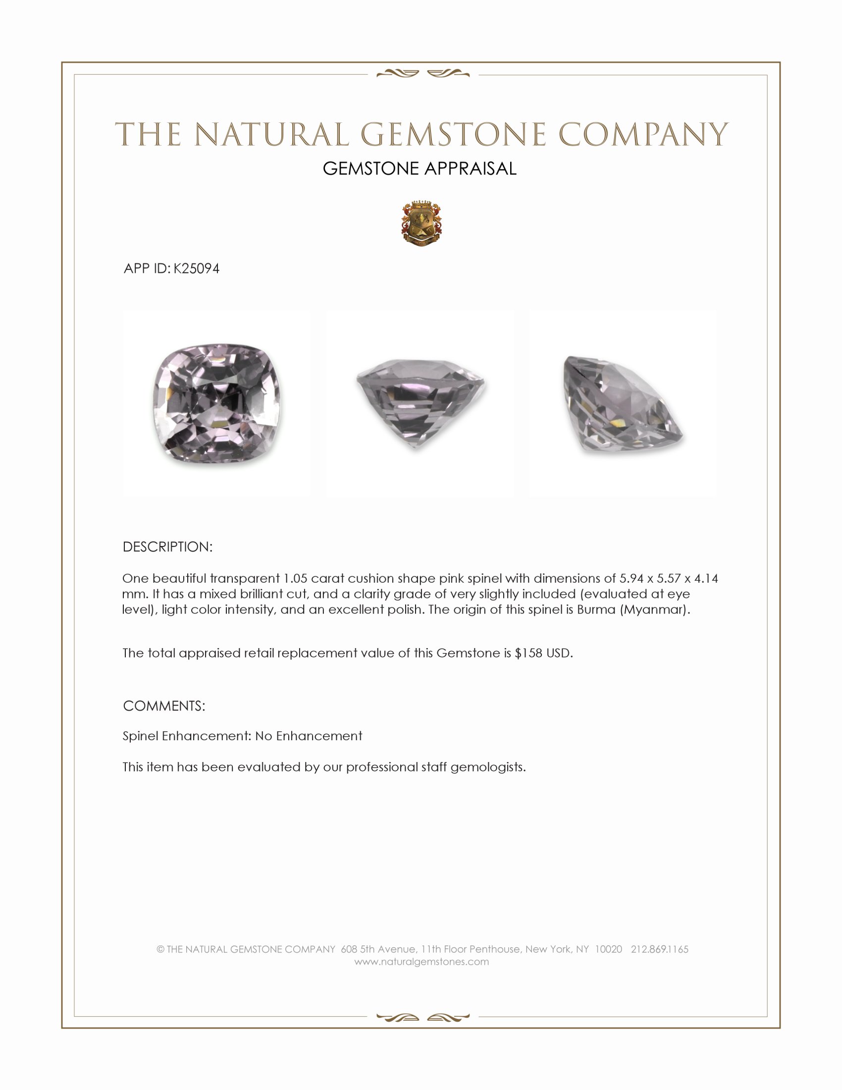 1.05 Ct. Pink Spinel from Burma (Myanmar)