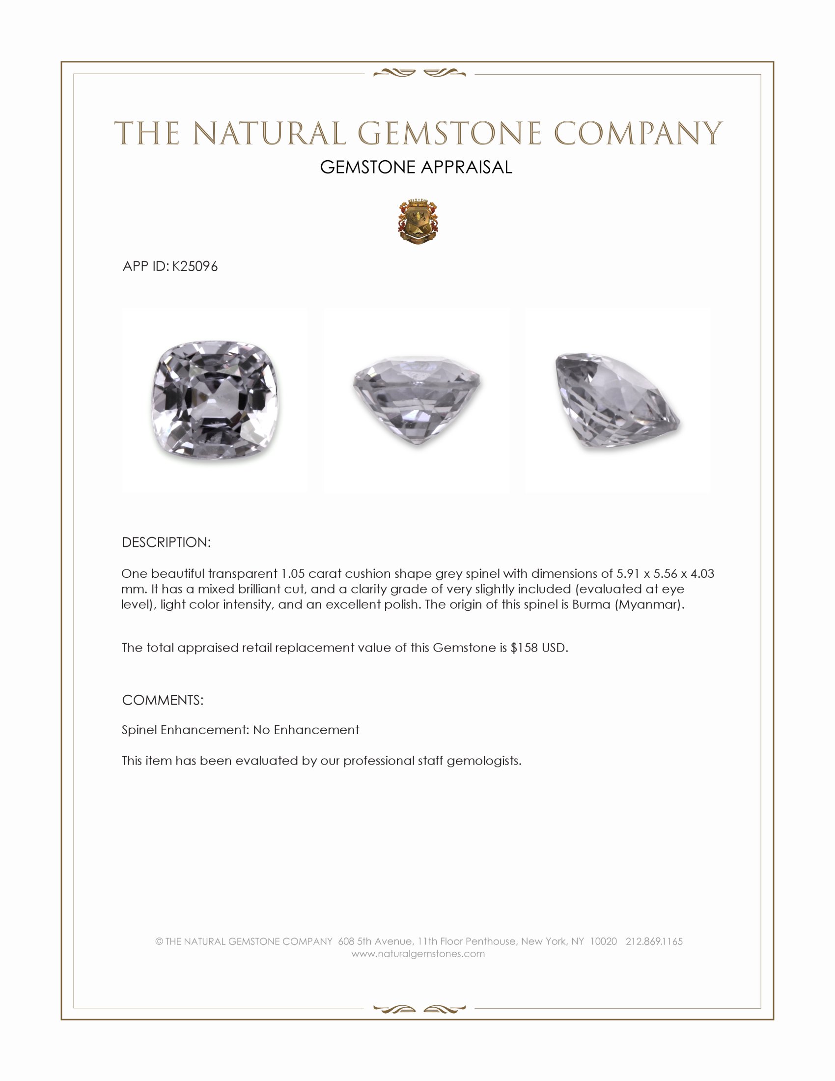 1.05 Ct. Grey Spinel from Burma (Myanmar)