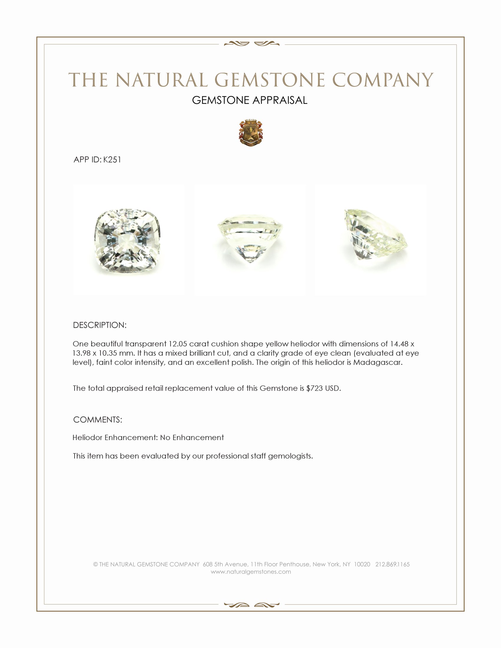 12.05 Ct. Yellow Heliodor from Madagascar