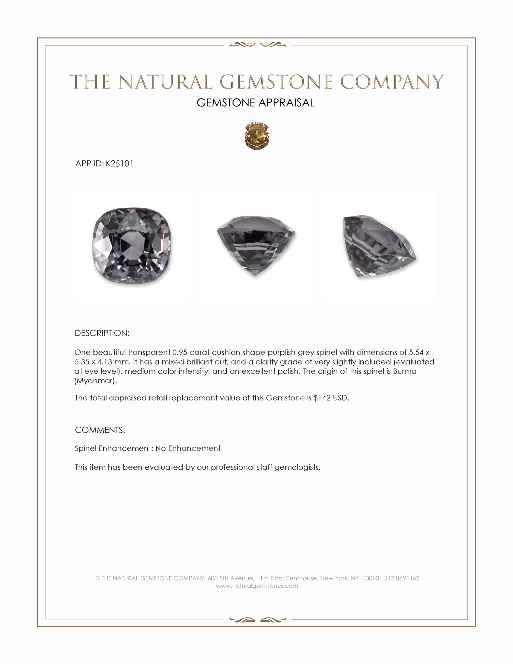 0.95 Ct. Purplish Grey Spinel from Burma (Myanmar)
