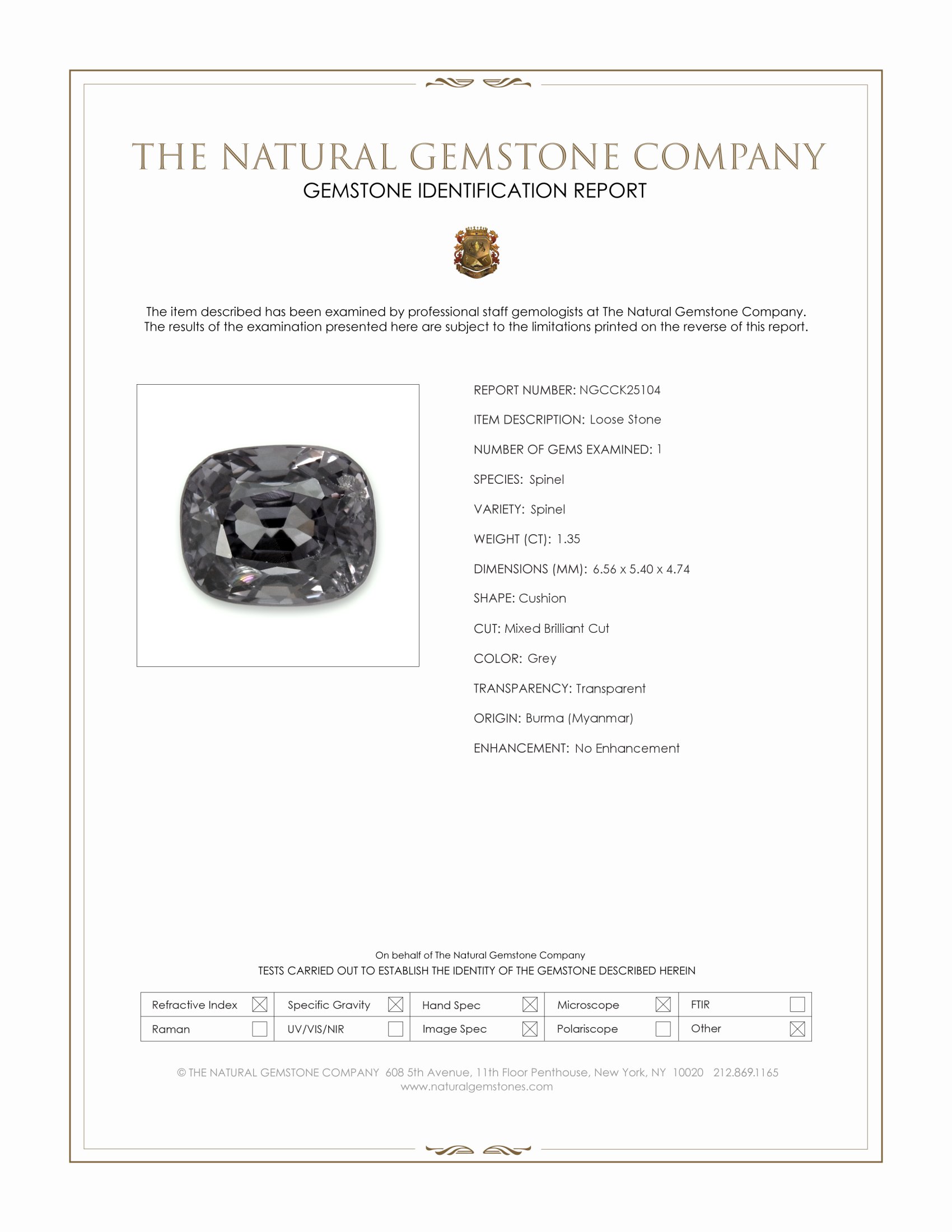 1.35 Ct. Grey Spinel from Burma (Myanmar)