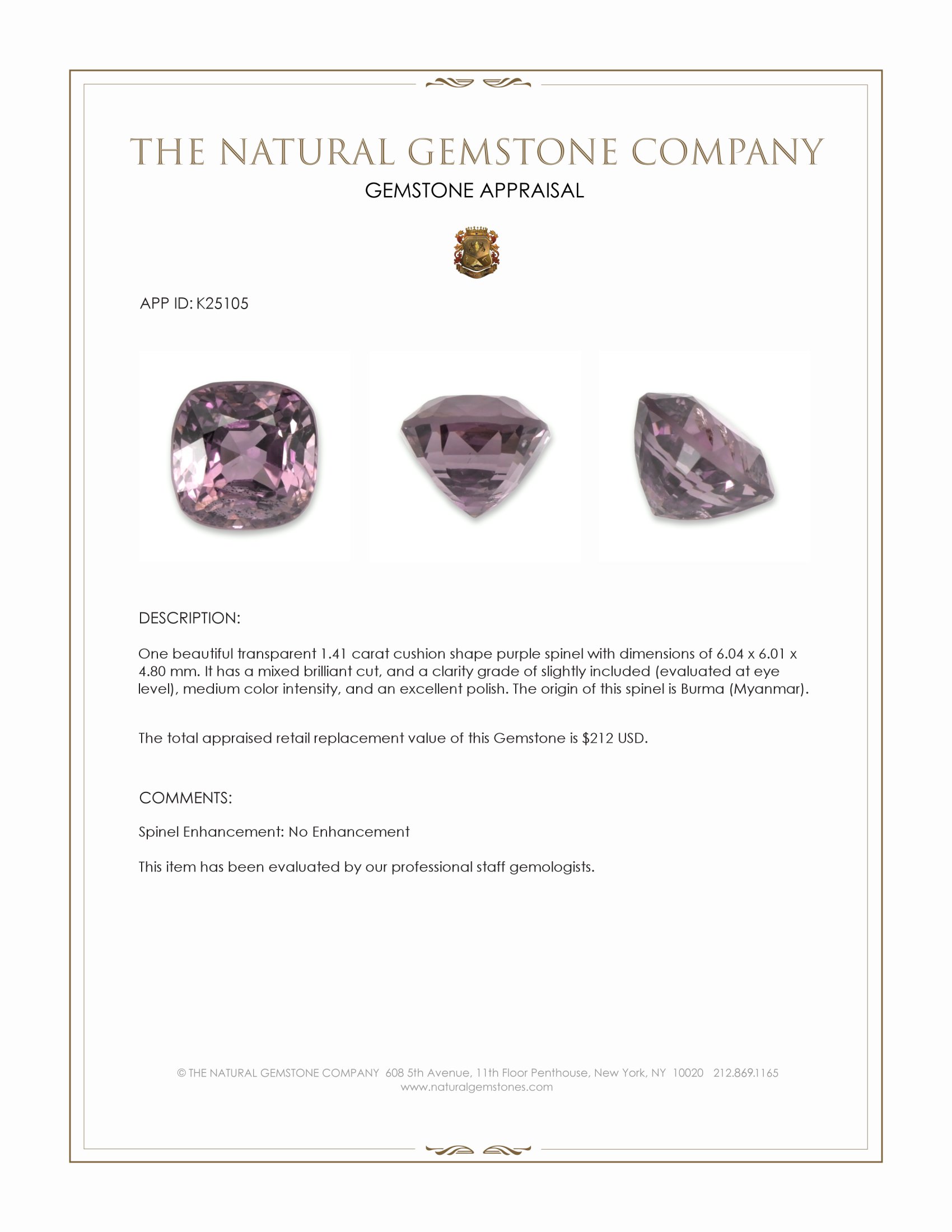 1.41 Ct. Purple Spinel from Burma (Myanmar)