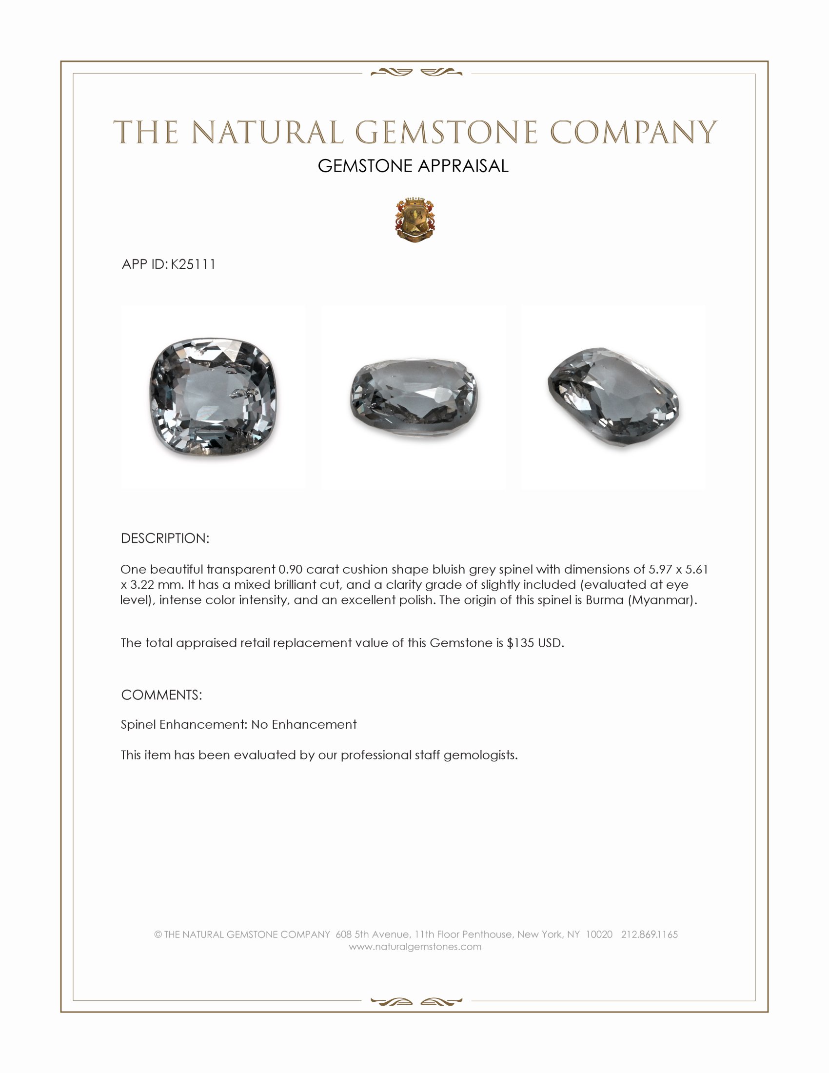0.90 Ct. Bluish Grey Spinel from Burma (Myanmar)