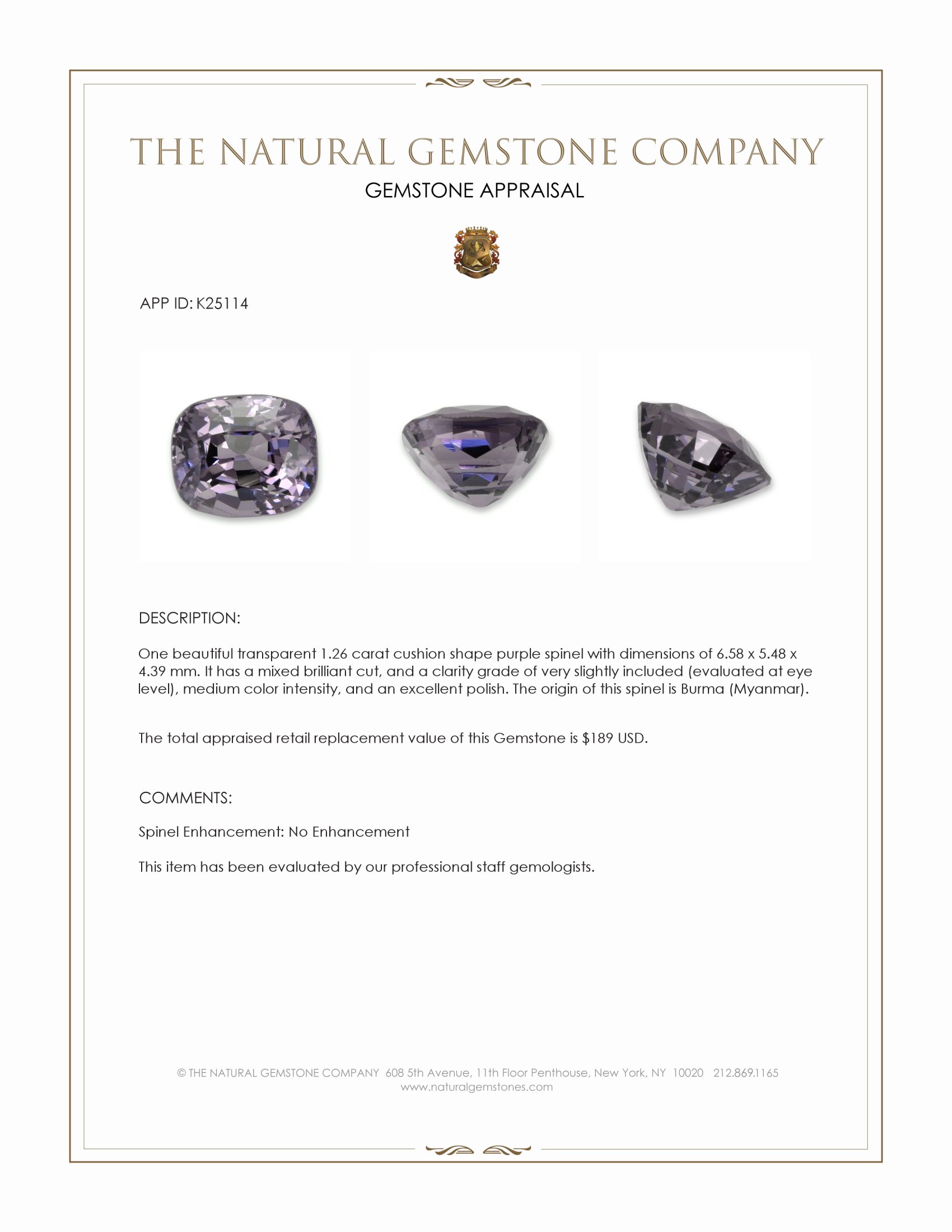 1.26 Ct. Purple Spinel from Burma (Myanmar)