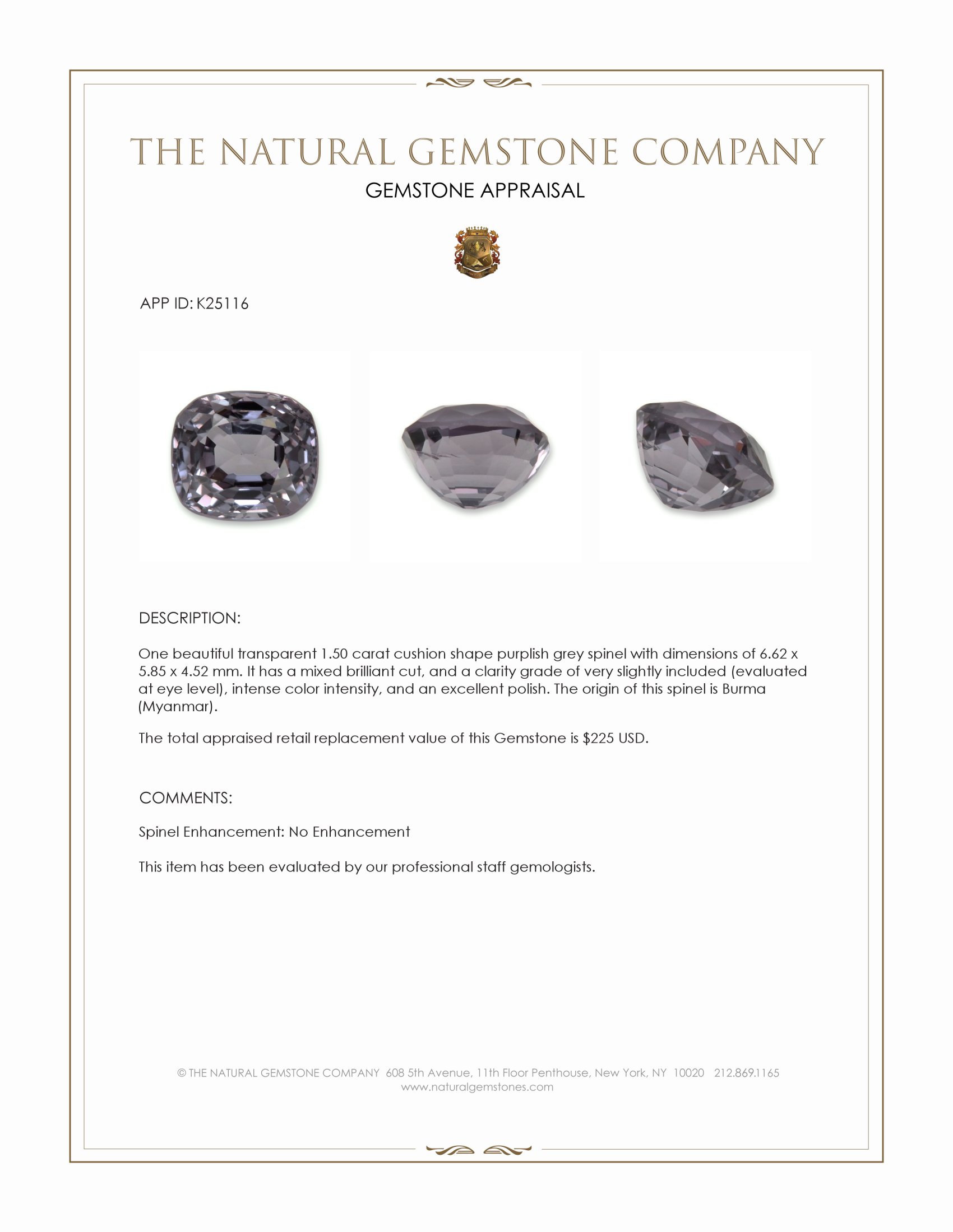 1.50 Ct. Purplish Grey Spinel from Burma (Myanmar)
