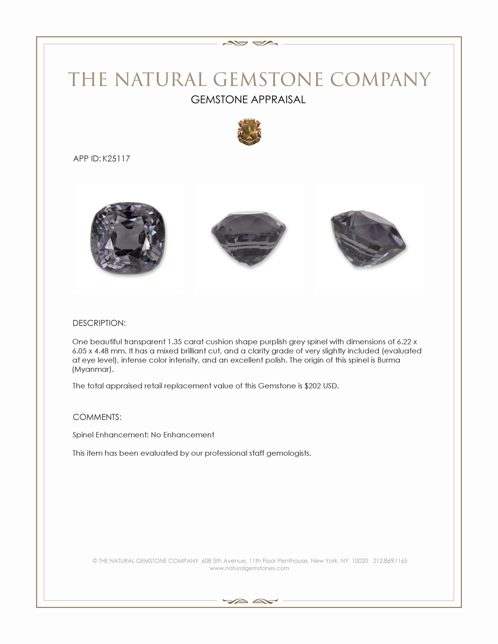 1.35 Ct. Purplish Grey Spinel from Burma (Myanmar)