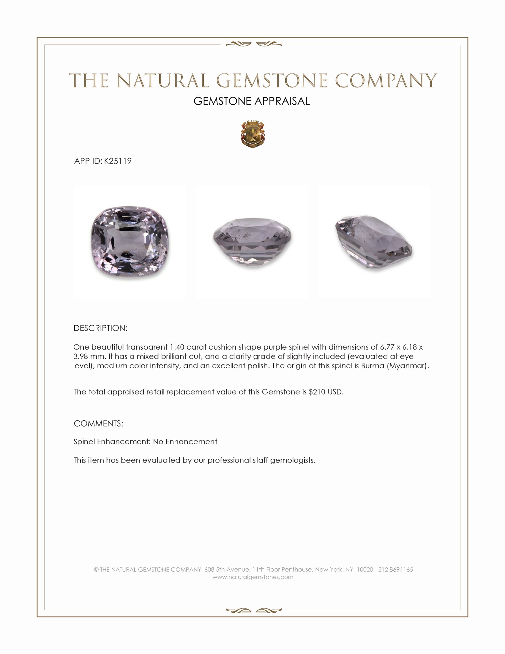1.40 Ct. Purple Spinel from Burma (Myanmar)