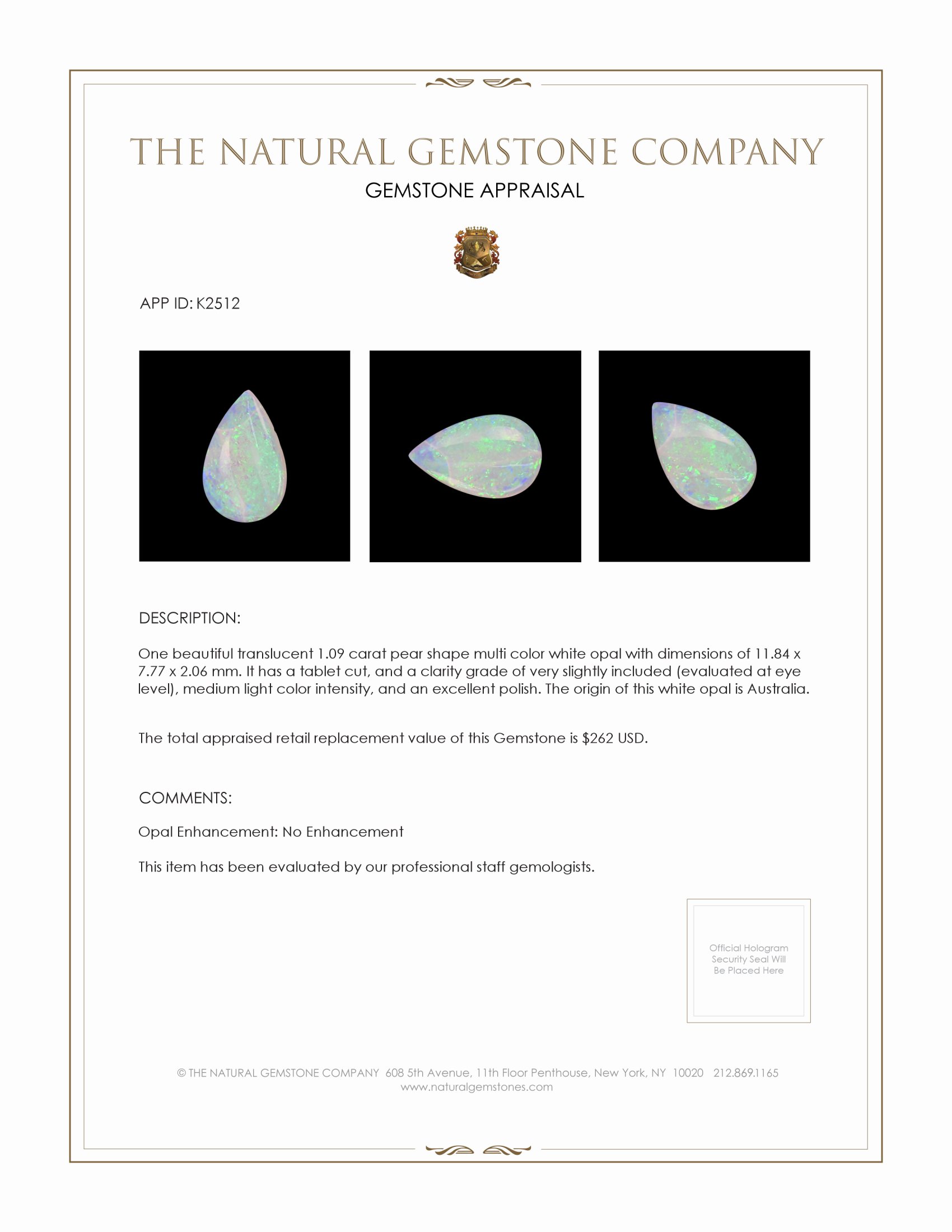 1.09 Ct. White Opal from Australia