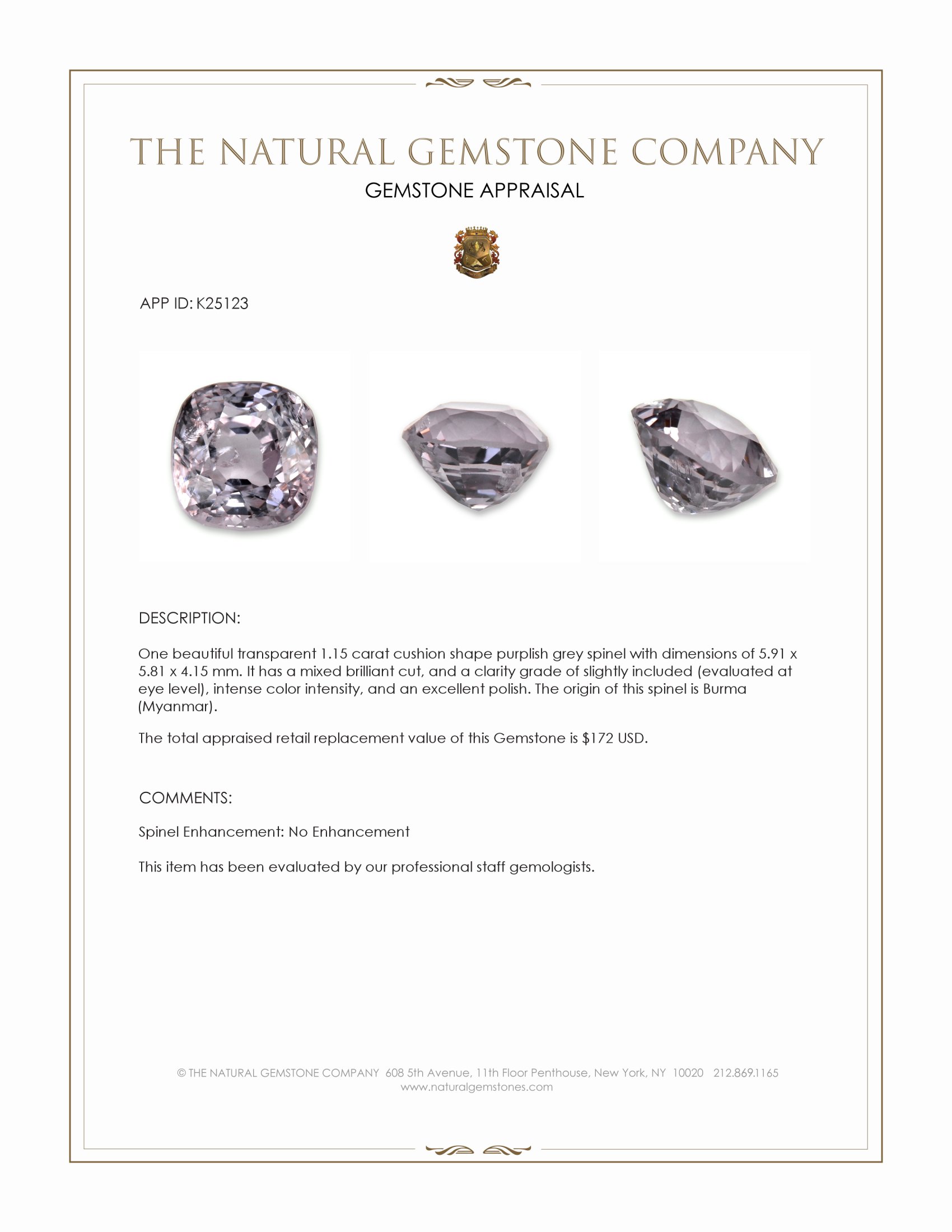 1.15 Ct. Purplish Grey Spinel from Burma (Myanmar)