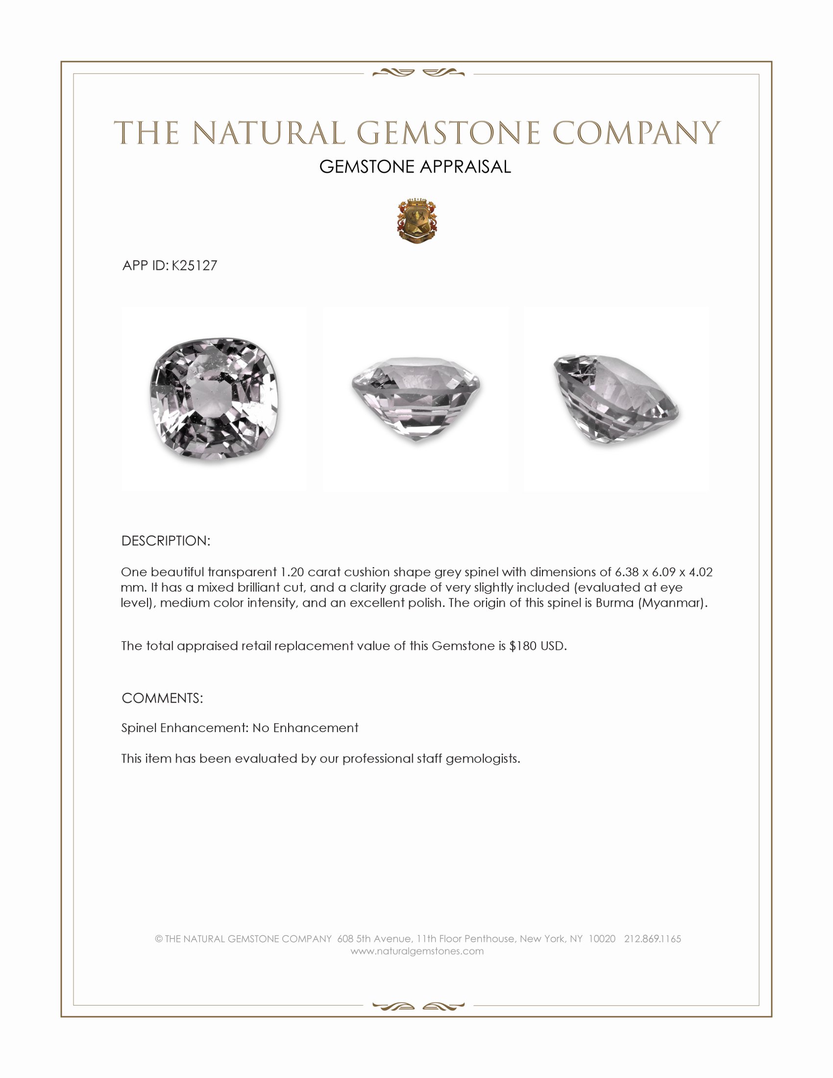 1.20 Ct. Grey Spinel from Burma (Myanmar)