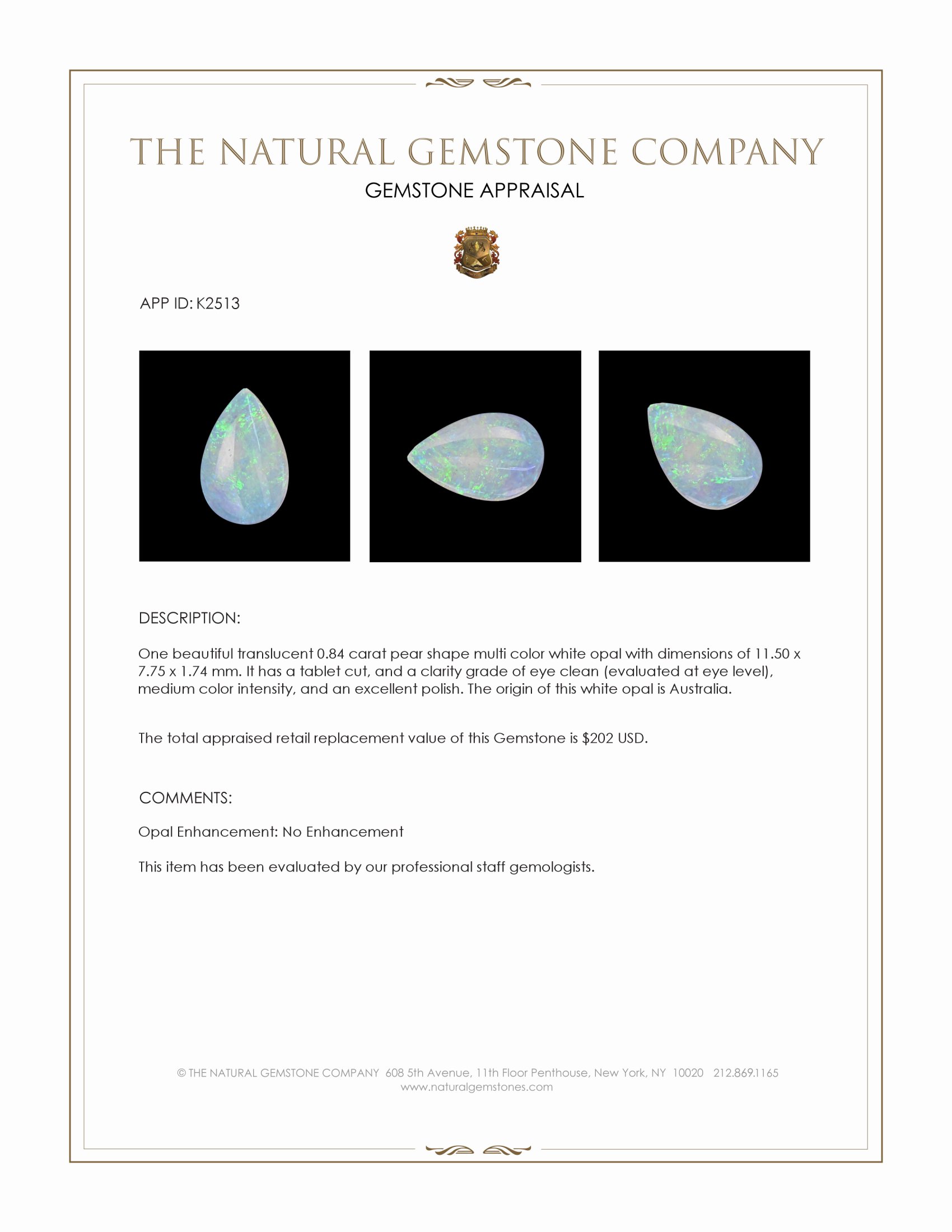 0.84 Ct. White Opal from Australia