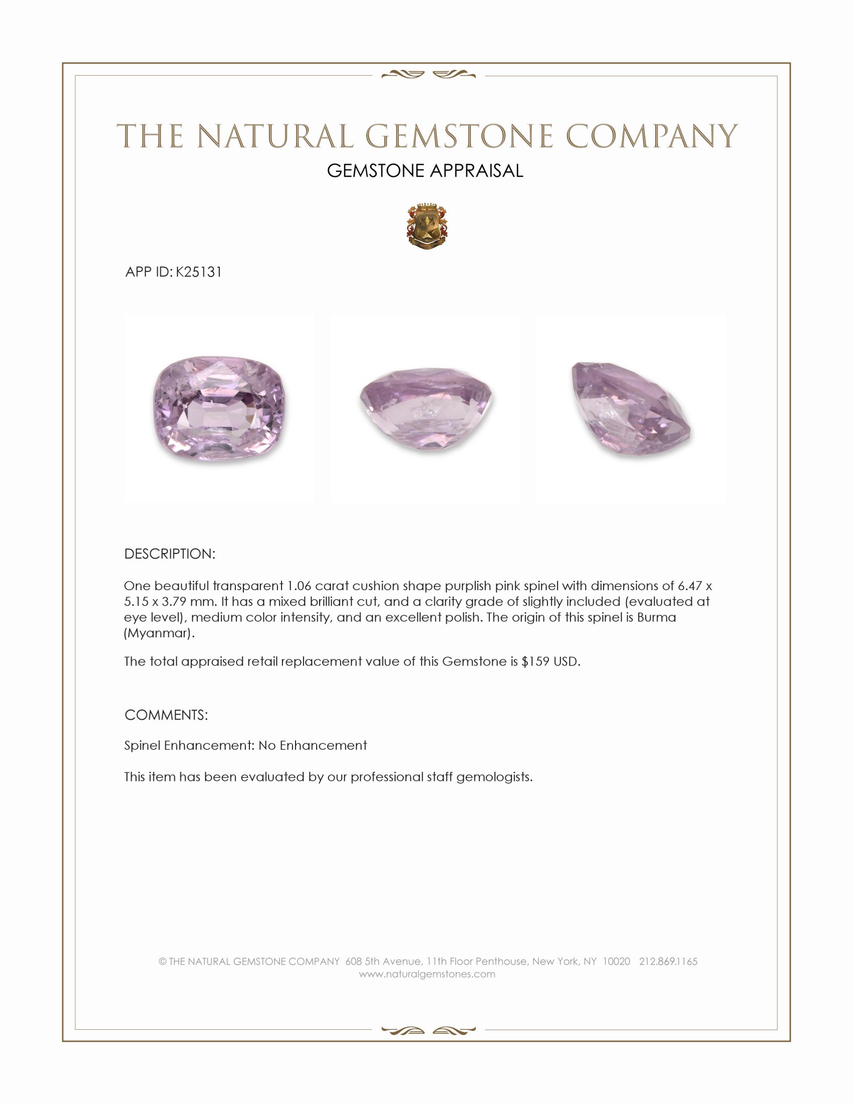 1.06 Ct. Purplish Pink Spinel from Burma (Myanmar)