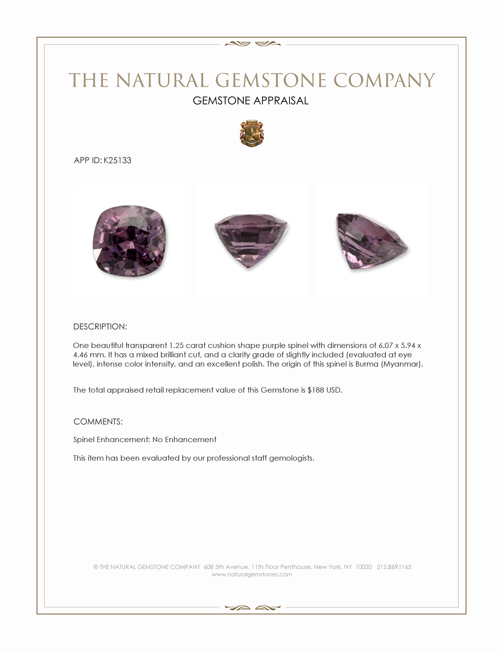 1.25 Ct. Purple Spinel from Burma (Myanmar)