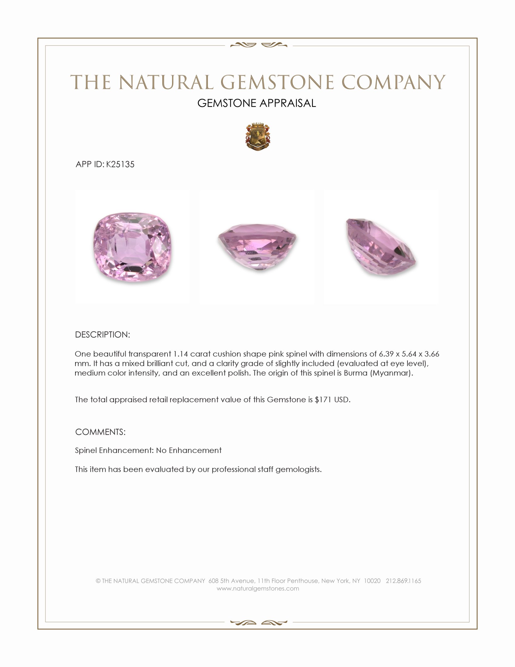 1.14 Ct. Pink Spinel from Burma (Myanmar)