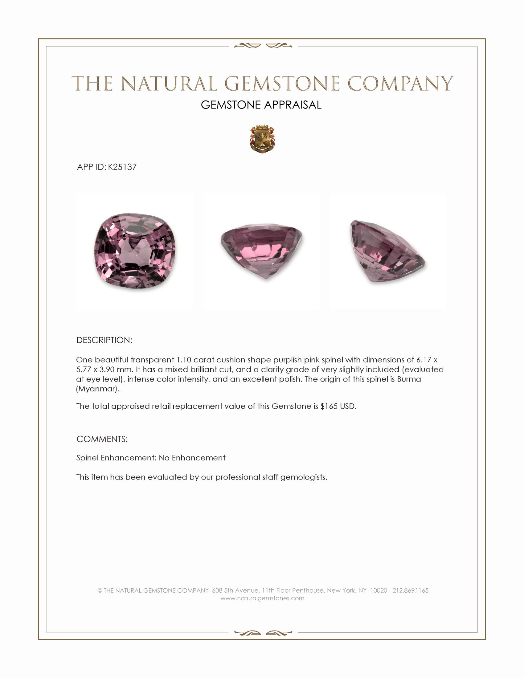 1.10 Ct. Purplish Pink Spinel from Burma (Myanmar)