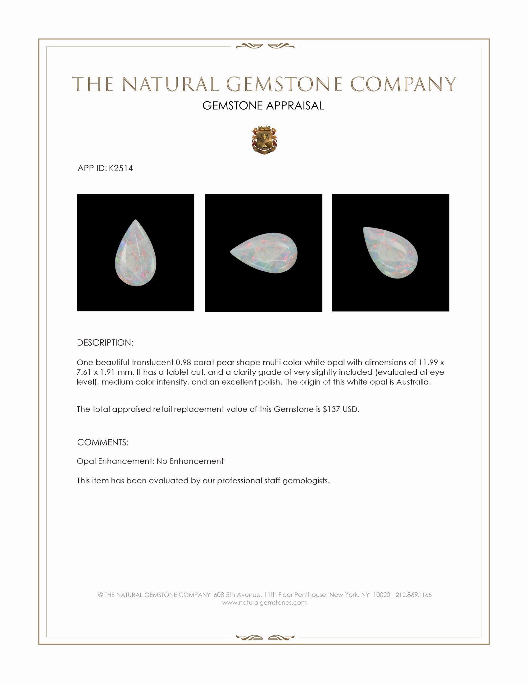 0.98 Ct. White Opal from Australia