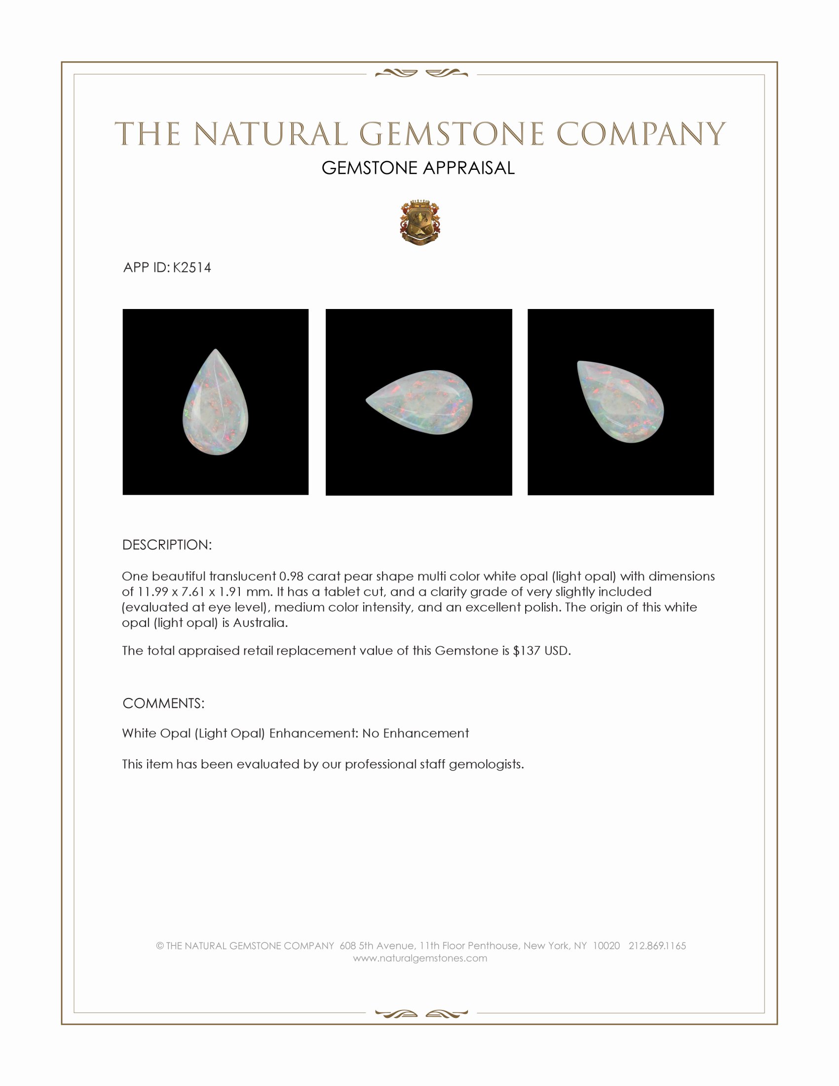 0.98 Ct. Multi Color White Opal (Light Opal) from Australia