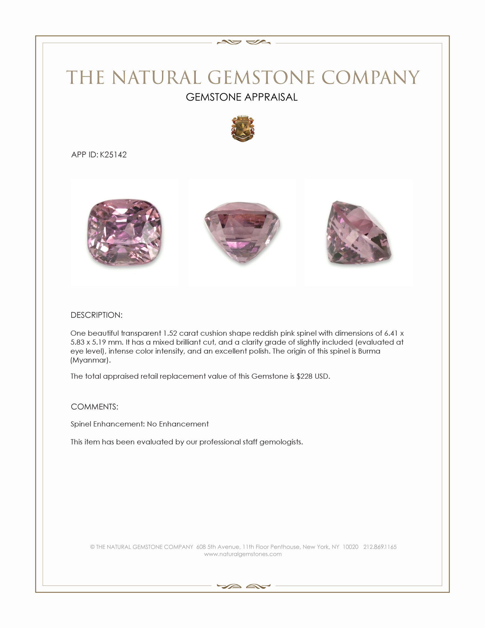 1.52 Ct. Reddish Pink Spinel from Burma (Myanmar)