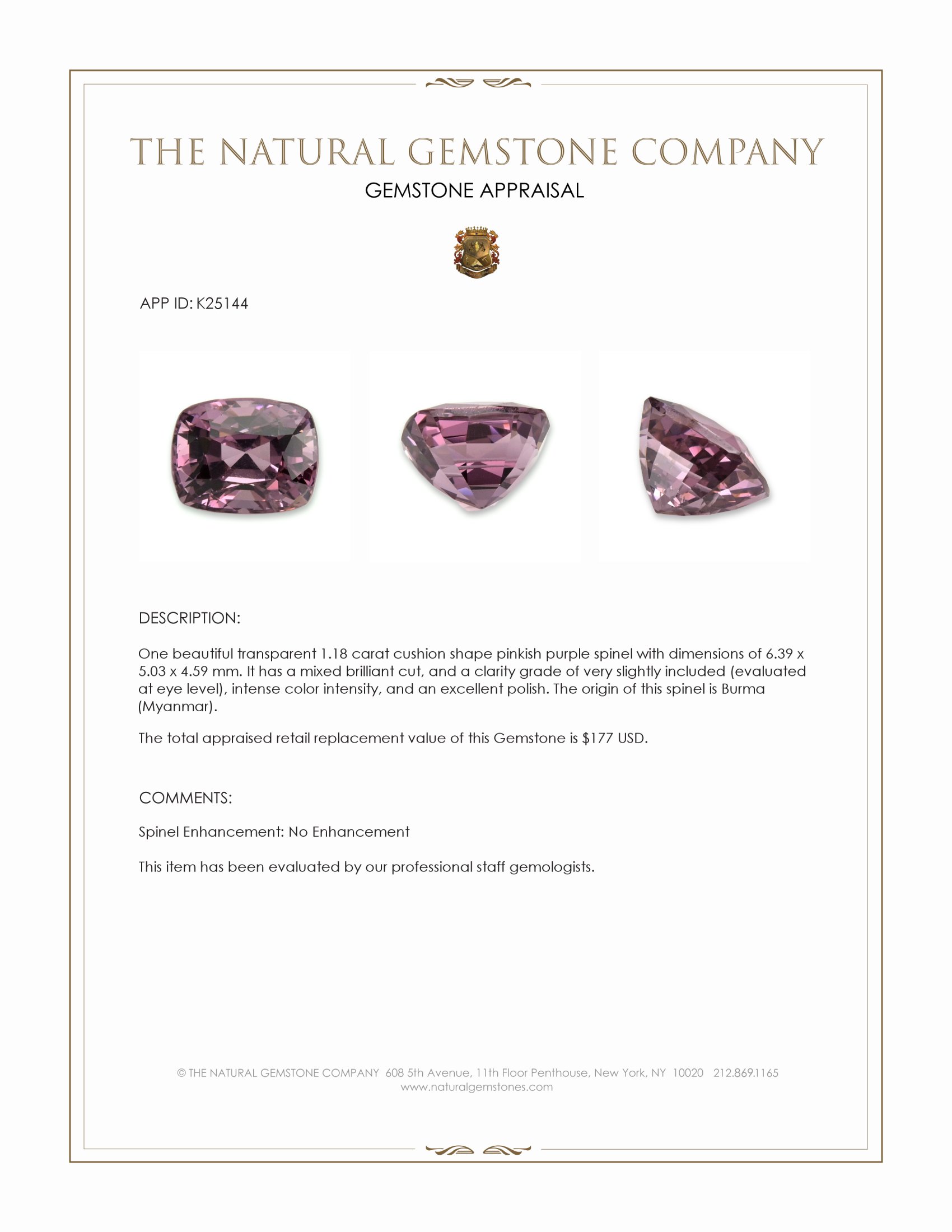 1.18 Ct. Pinkish Purple Spinel from Burma (Myanmar)