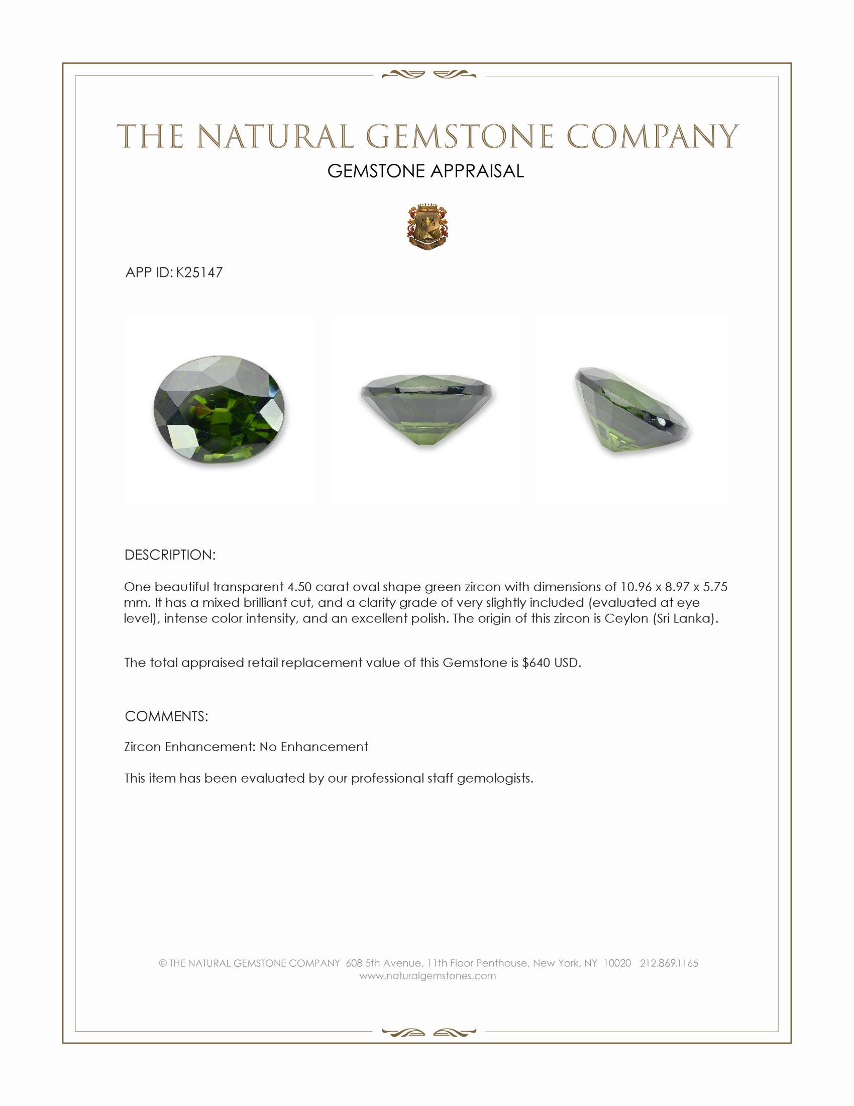 4.50 Ct. Green Zircon from Ceylon (Sri Lanka)