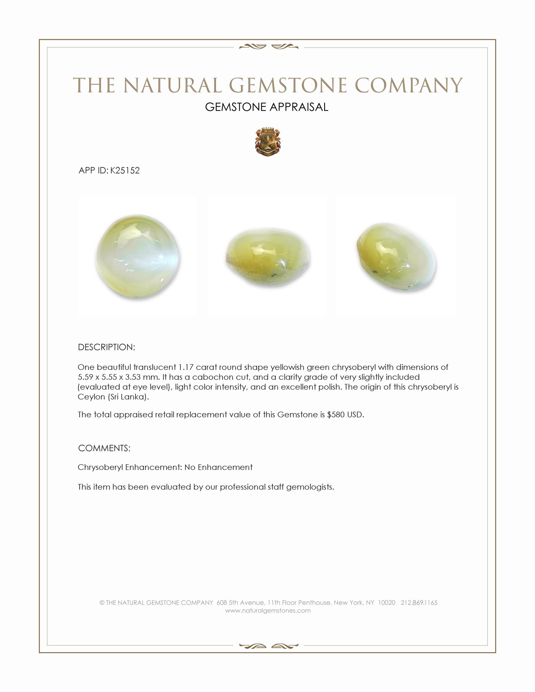 1.17 Ct. Yellowish Green Cabochon Chrysoberyl from Ceylon (Sri Lanka)
