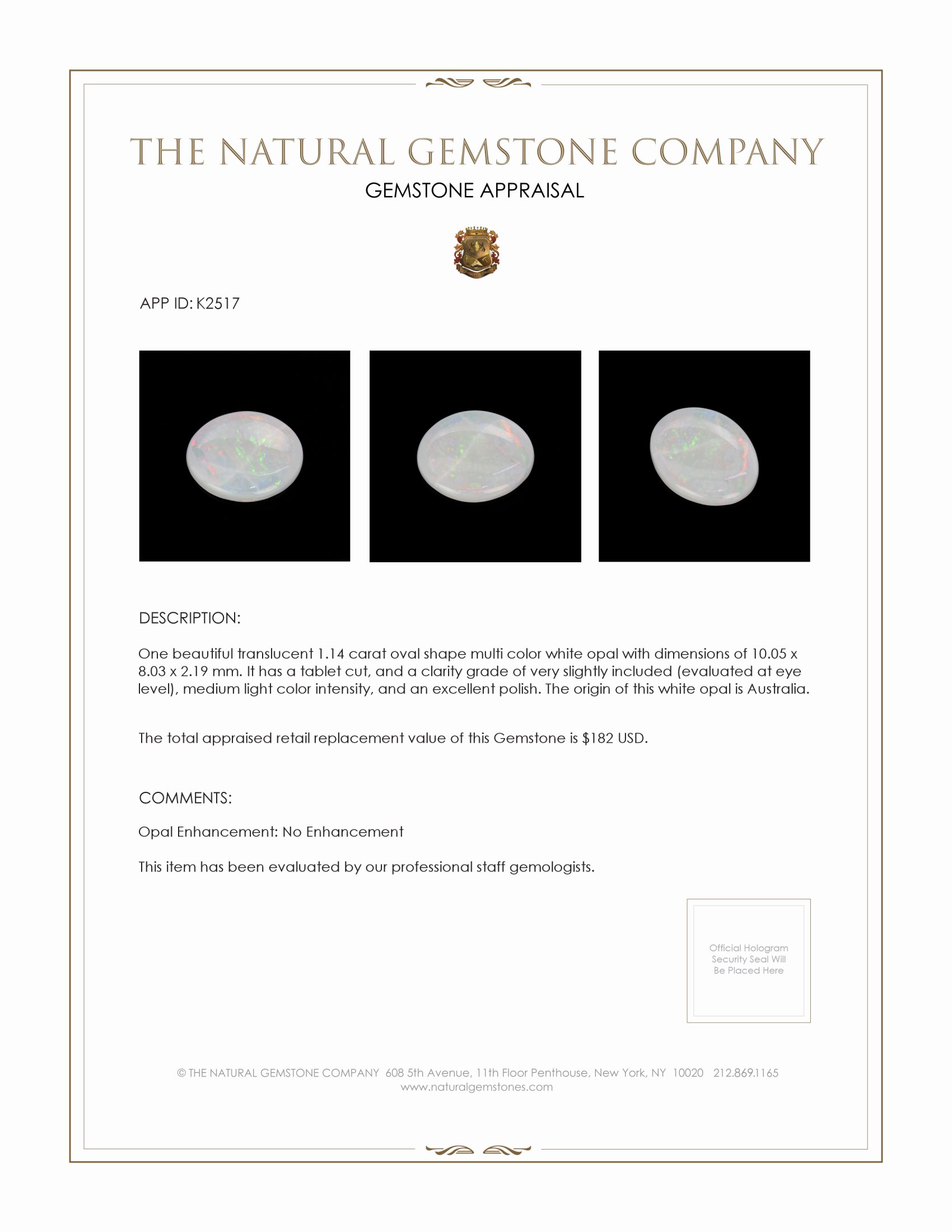 1.14 Ct. White Opal from Australia