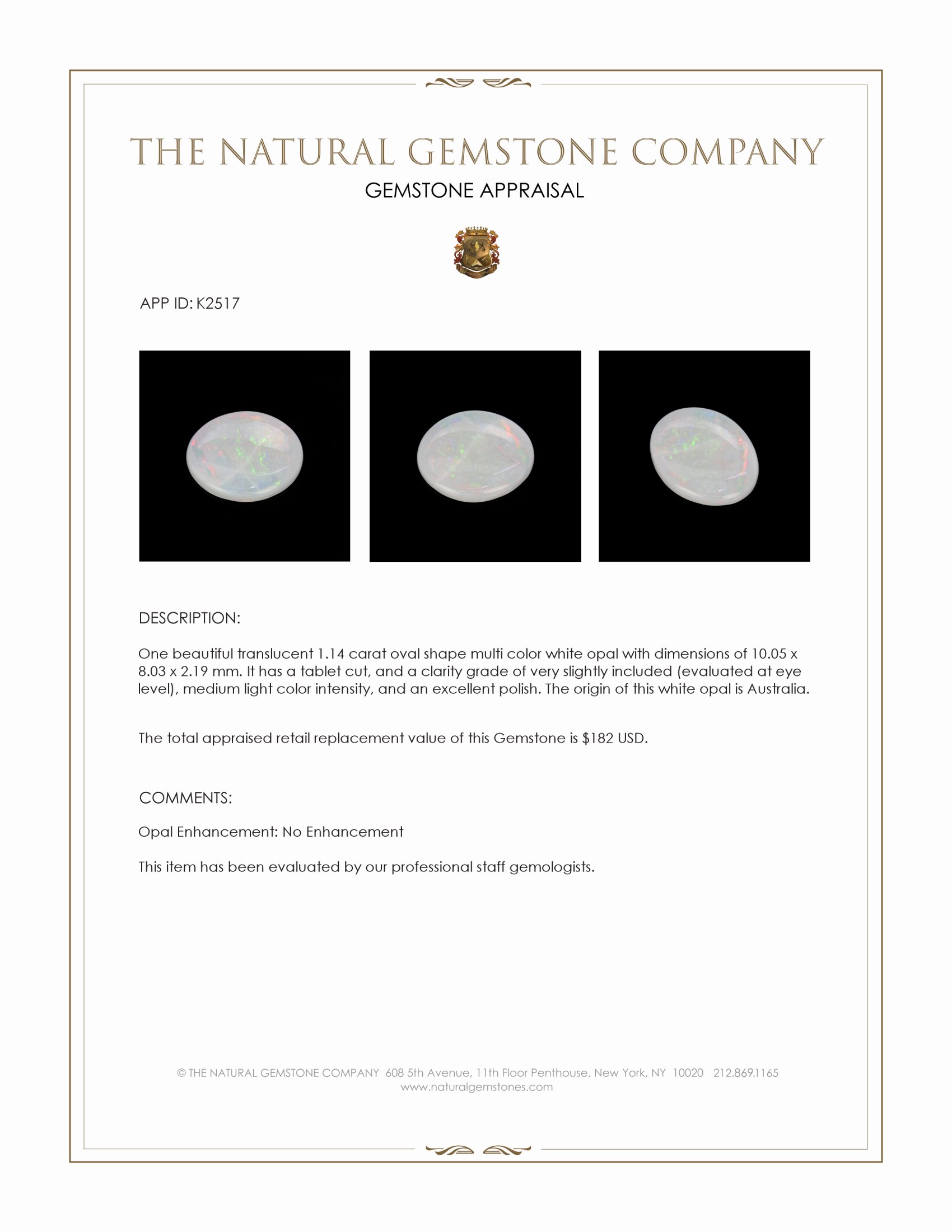 1.14 Ct. White Opal from Australia