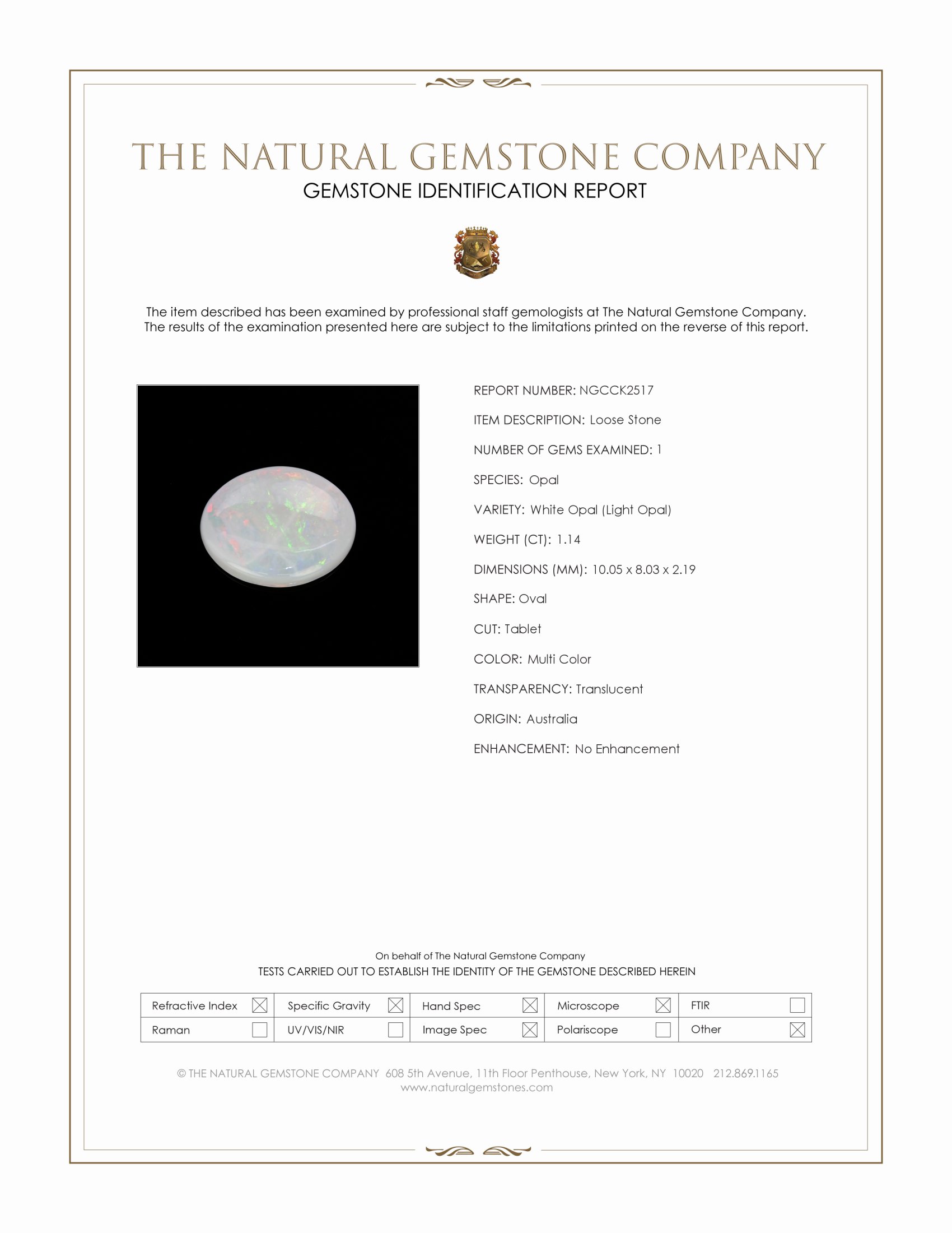 1.14 Ct. Multi Color White Opal (Light Opal) from Australia