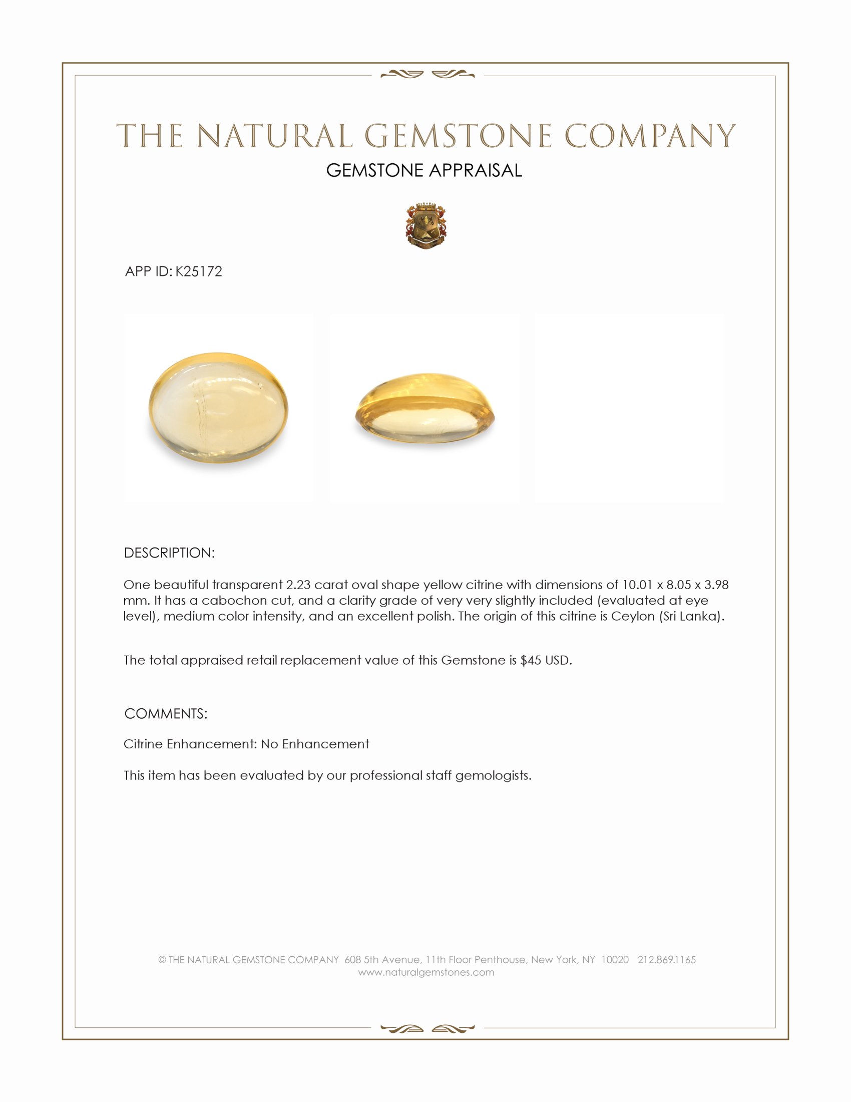 2.23 Ct. Yellow Cabochon Citrine from Ceylon (Sri Lanka)