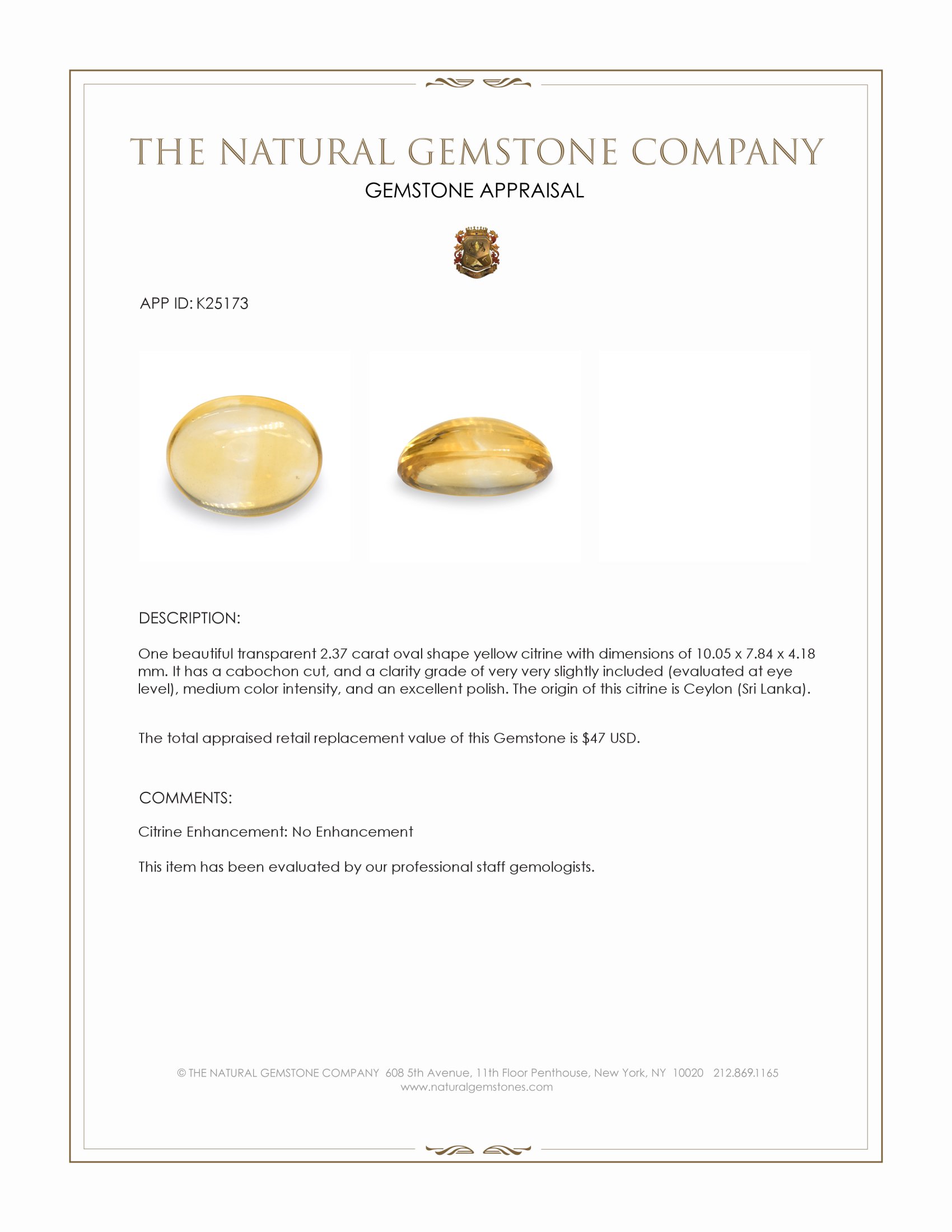 2.37 Ct. Yellow Cabochon Citrine from Ceylon (Sri Lanka)