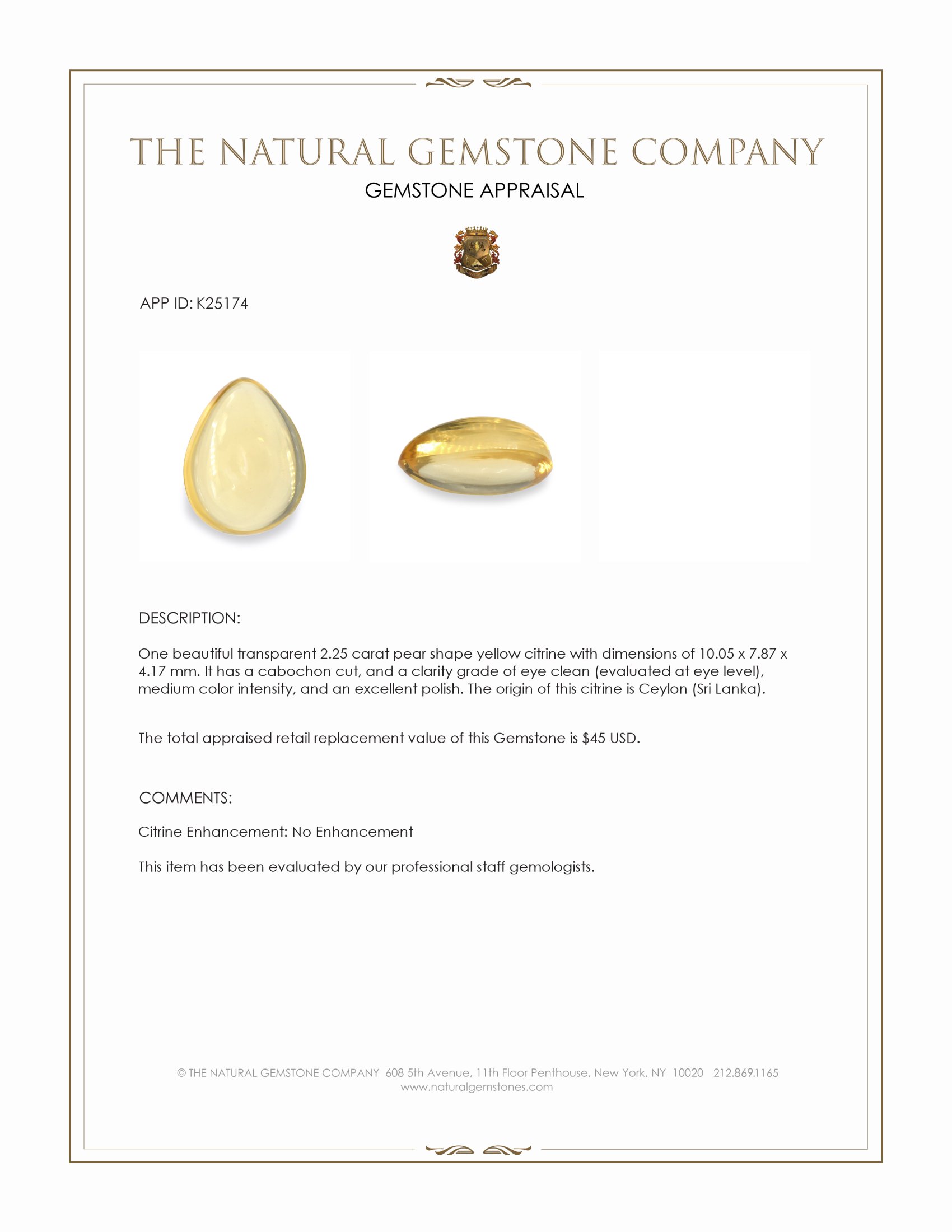 2.25 Ct. Yellow Cabochon Citrine from Ceylon (Sri Lanka)