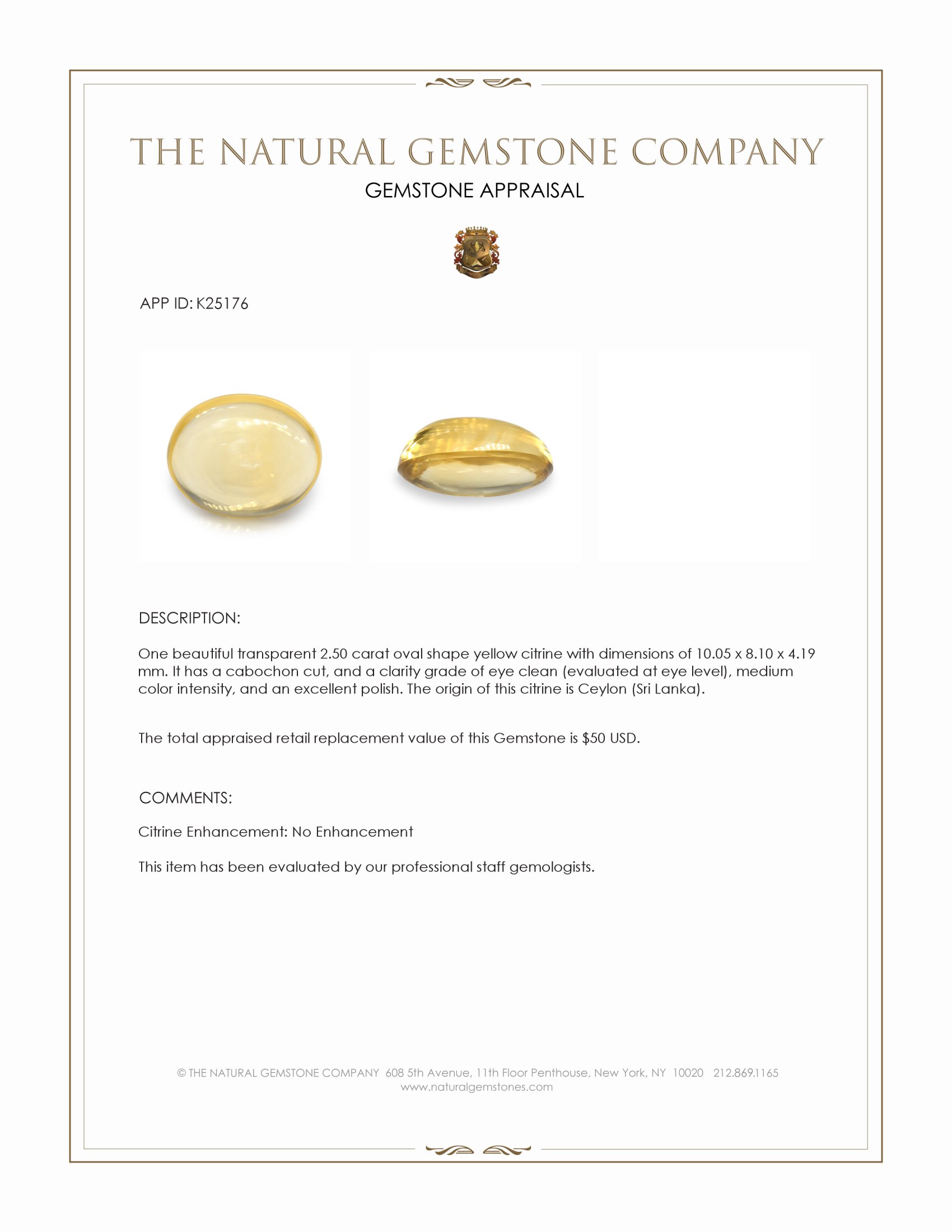 2.50 Ct. Yellow Cabochon Citrine from Ceylon (Sri Lanka)