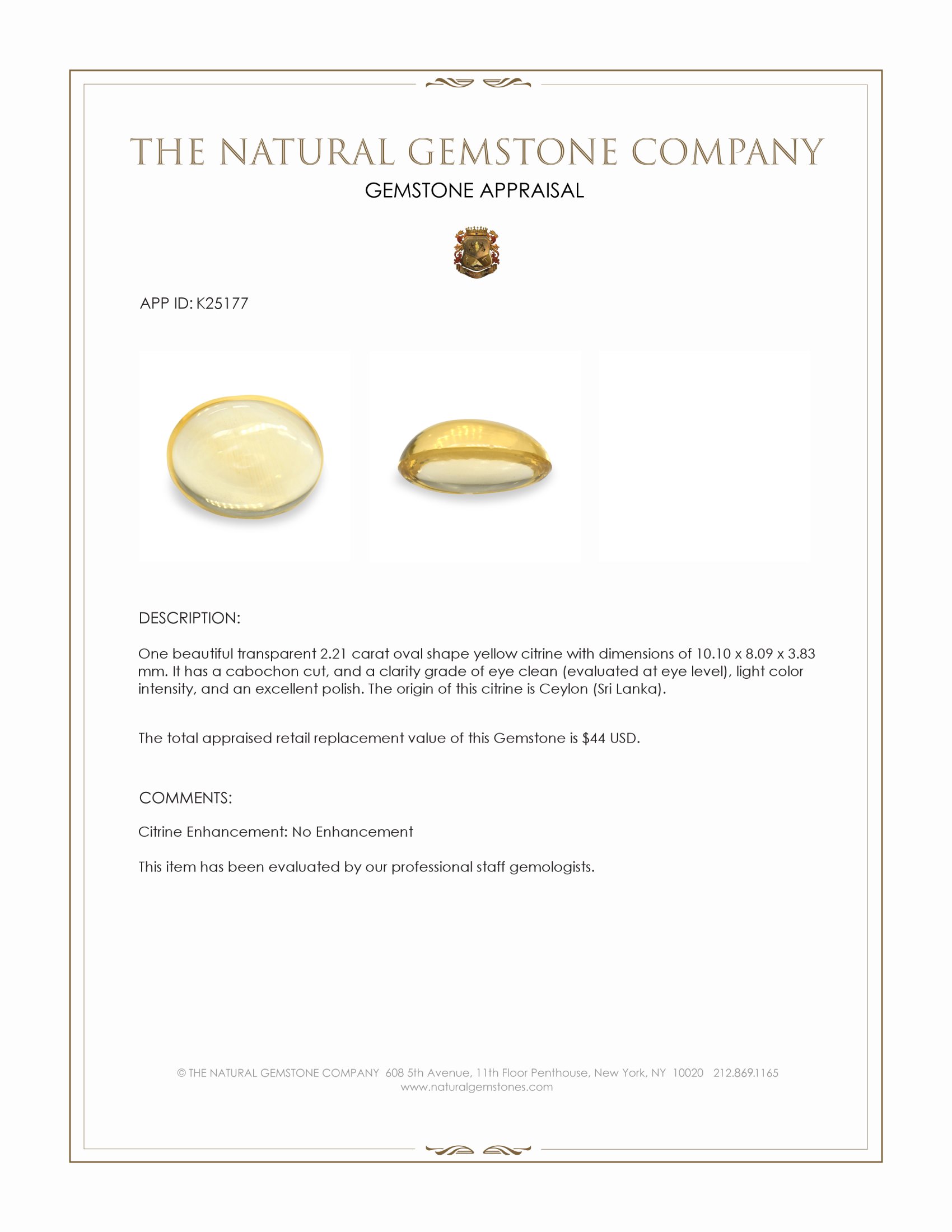 2.21 Ct. Yellow Cabochon Citrine from Ceylon (Sri Lanka)