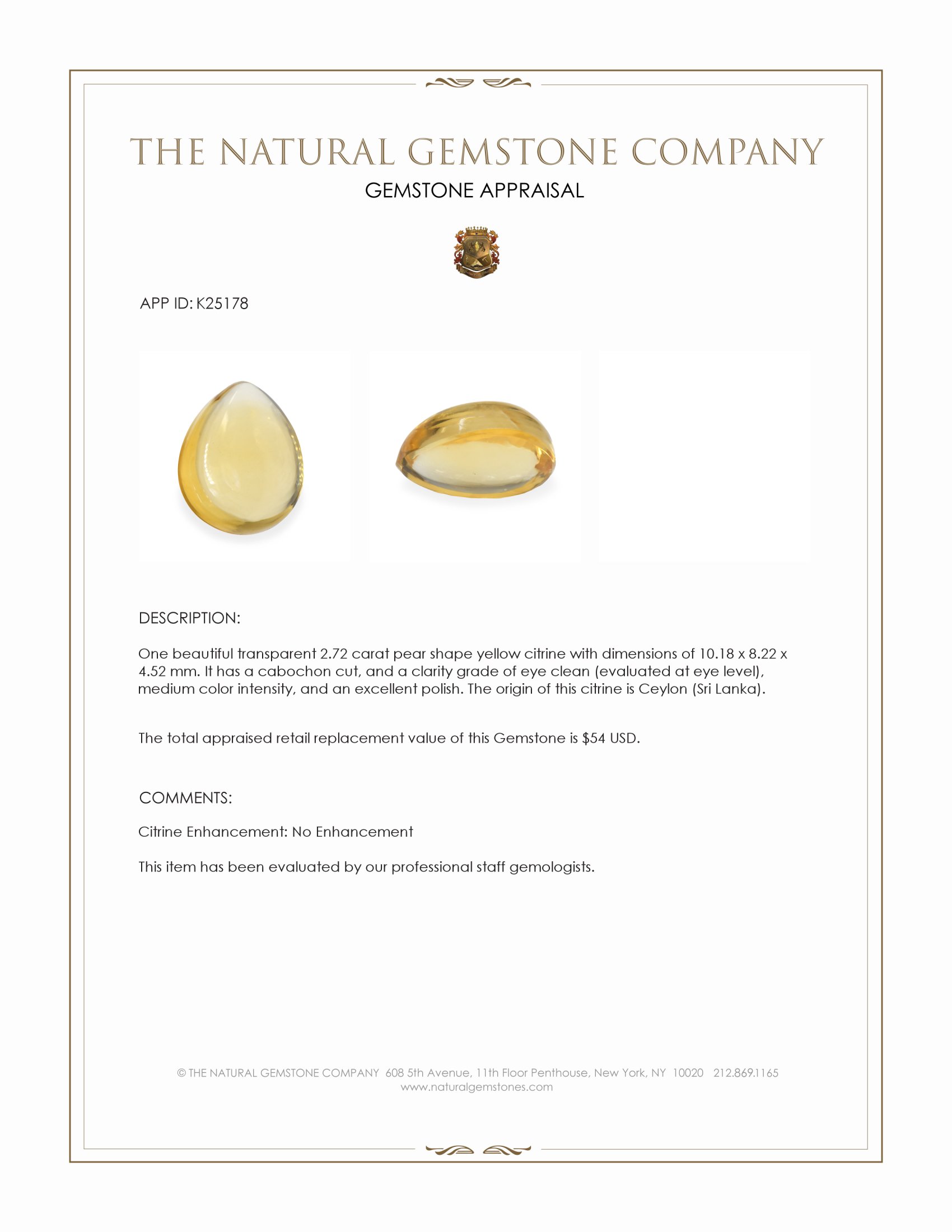 2.72 Ct. Yellow Cabochon Citrine from Ceylon (Sri Lanka)