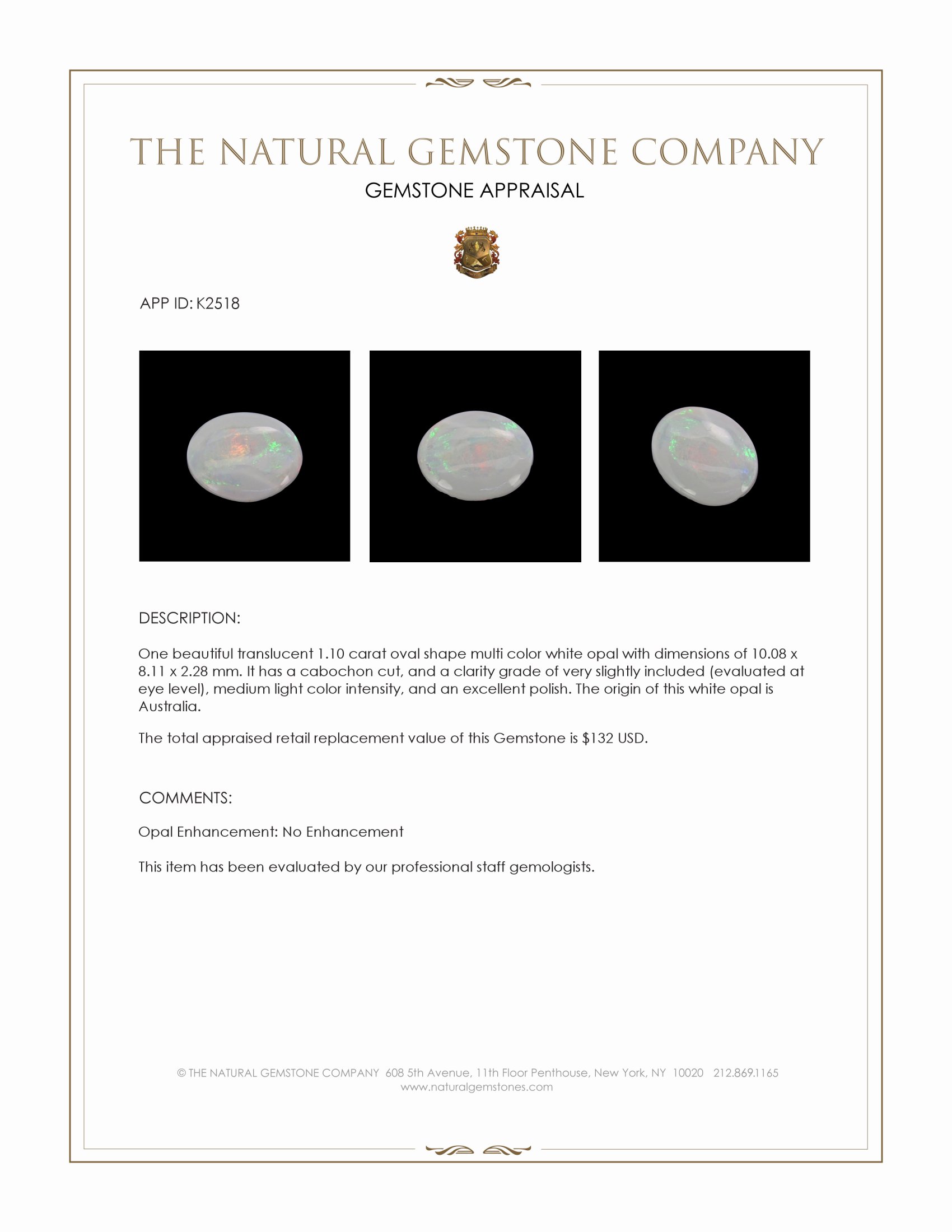 1.10 Ct. Cabochon White Opal from Australia