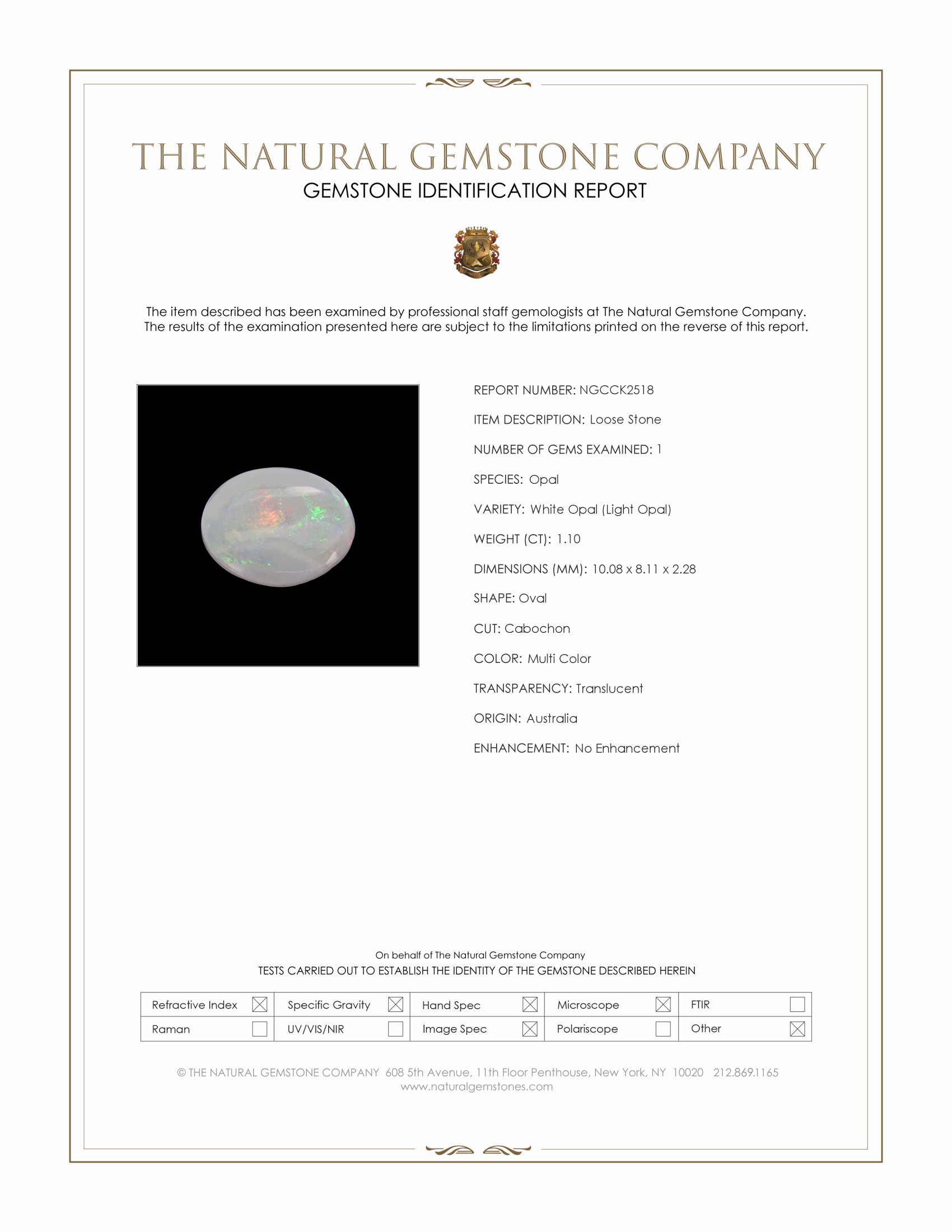 1.10 Ct. Multi Color Cabochon White Opal (Light Opal) from Australia