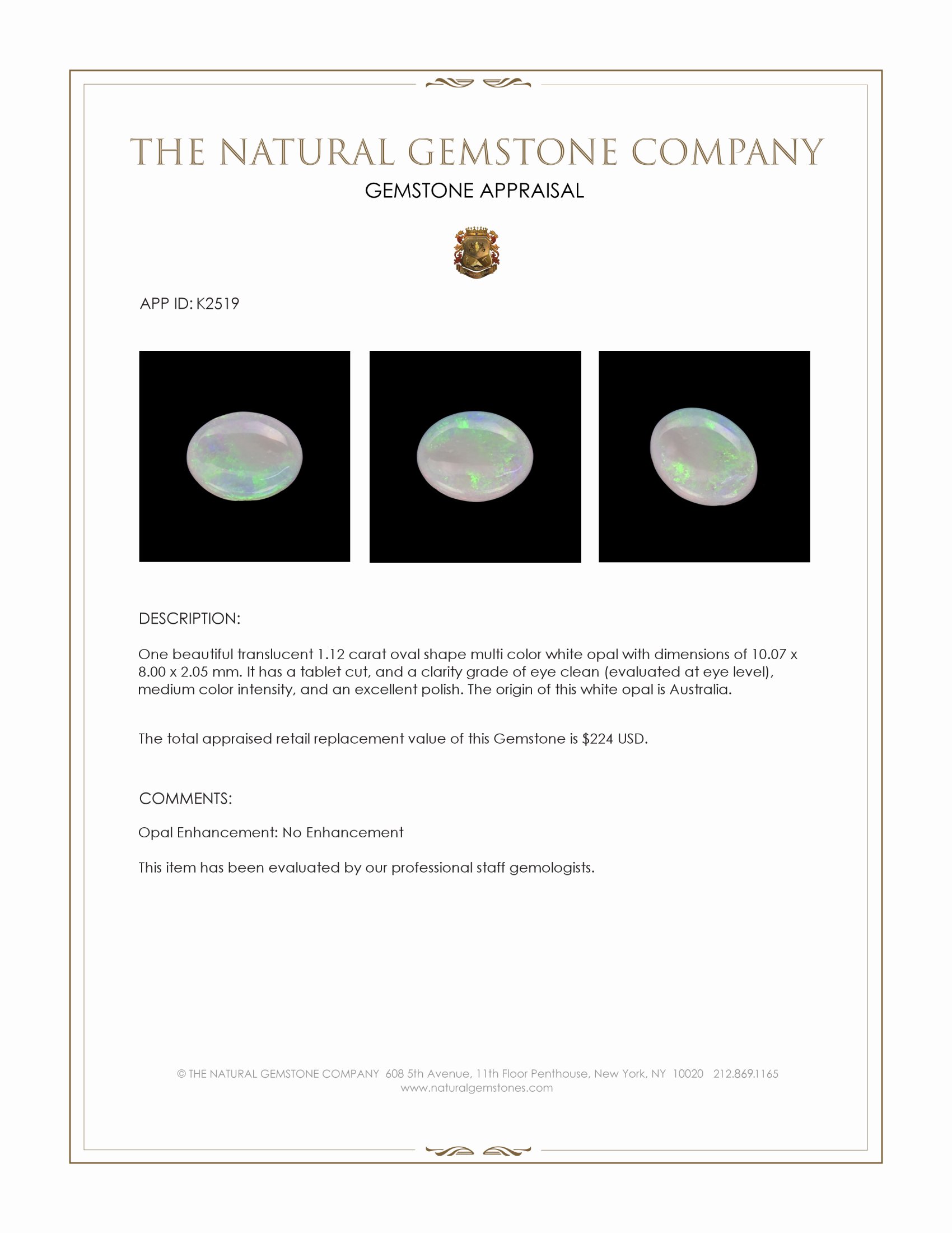 1.12 Ct. White Opal from Australia